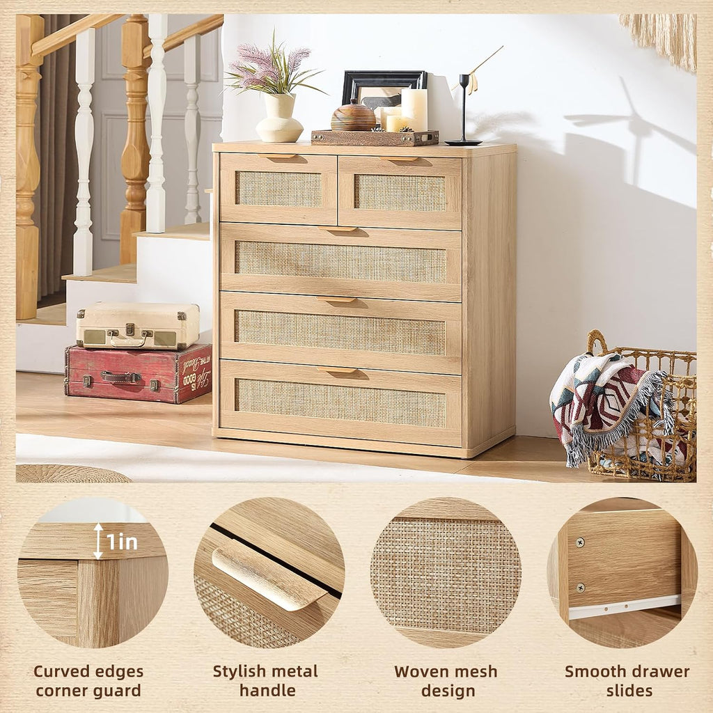 LEYAOYAO Rattan Dresser for Bedroom Set of 2, 33.5' Tall Chest of Drawers, Modern 5 Drawers Boho Dressers with Storage, Light Oak Dresser Wooden Closet Organizer for Living Room, Hallway, Natural Wood