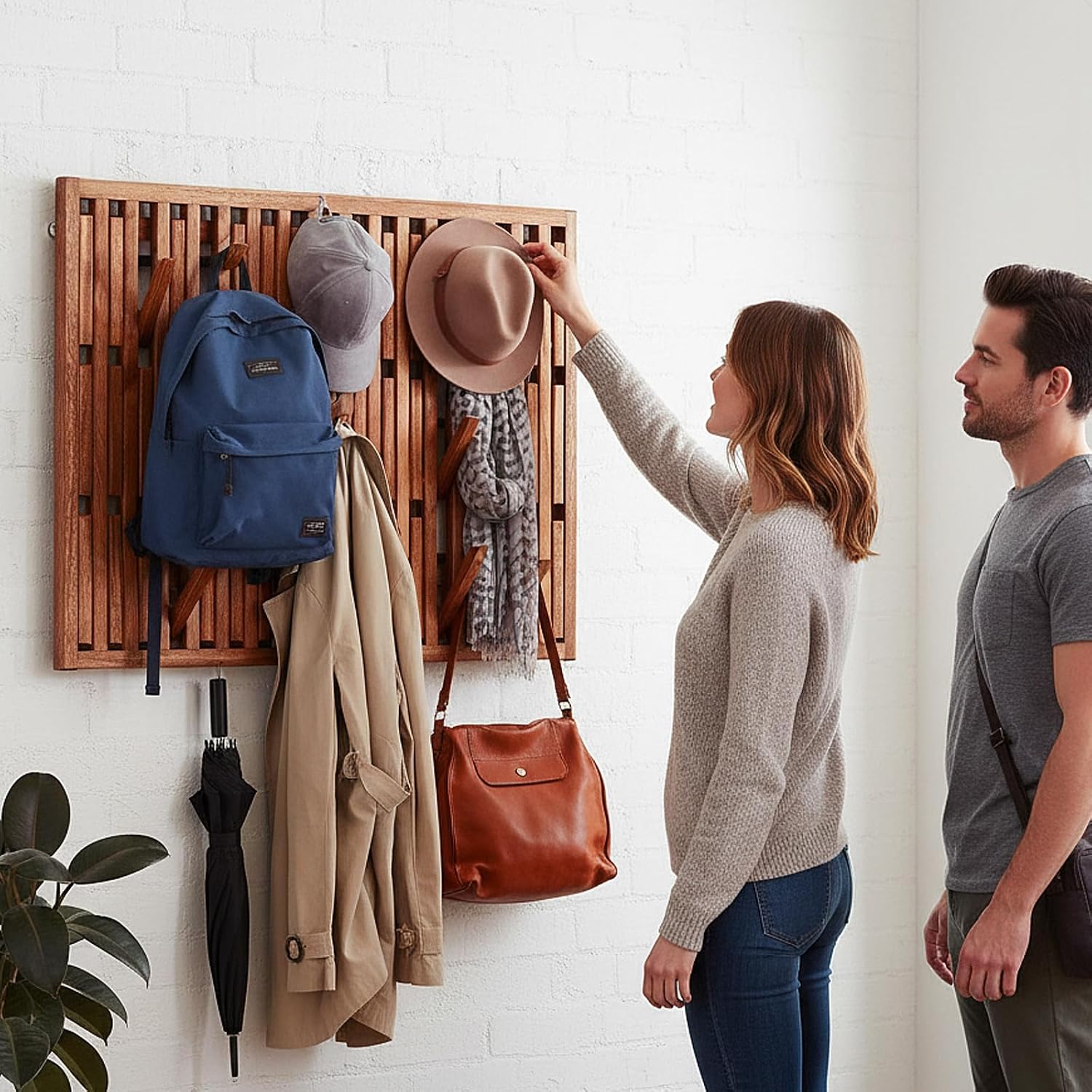 Weysat Piano Coat Rack with 51 Hooks Wall Mounted 24 x 30 Inches Large Natural Wood Magnetic Piano Key Coat Rack Flip Down Wall Hook Racks Entryway Hanger Organizer for Clothes Hat Bag Umbrella