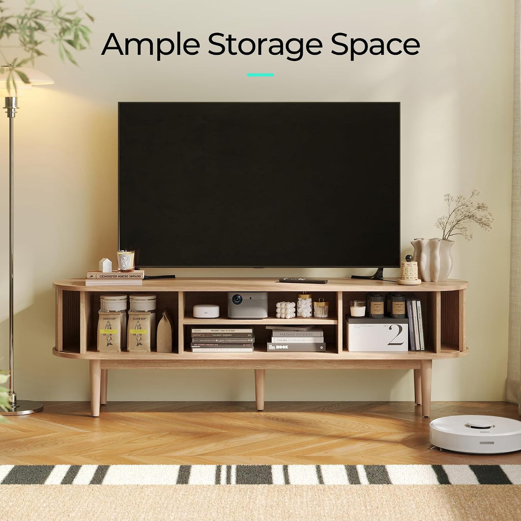LINSY HOME Fluted Living Room Table Set of 3, Includes Mid Century Modern TV Stand with Storage for Up to 65 inch TV, 58' Entertainment Center, Round TV Side Table, End Table Set of 2, Oak