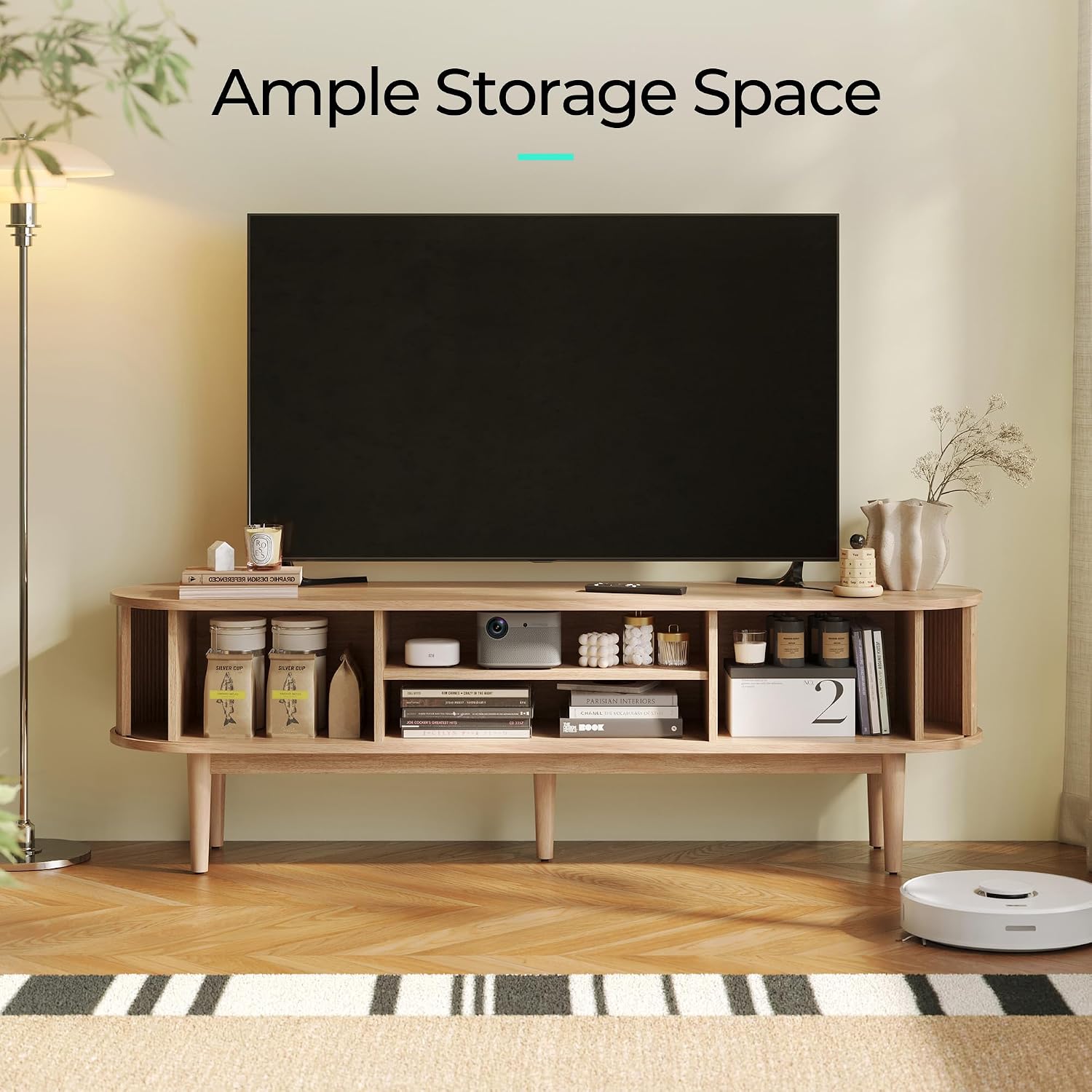 LINSY HOME Fluted Living Room Table Set of 3, Includes Mid Century Modern TV Stand with Storage for Up to 65 inch TV, 58' Entertainment Center, Round TV Side Table, End Table Set of 2, Oak
