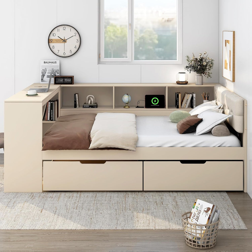 VilroCaz Modern Full Size Daybed with L-Shaped Bookcases and Desk, Solid Wood Daybed Sofa Bed Frame with 2 Drawers and Upholstered Headboard for Office Living Room Bedroom, Maximize Space (Full)