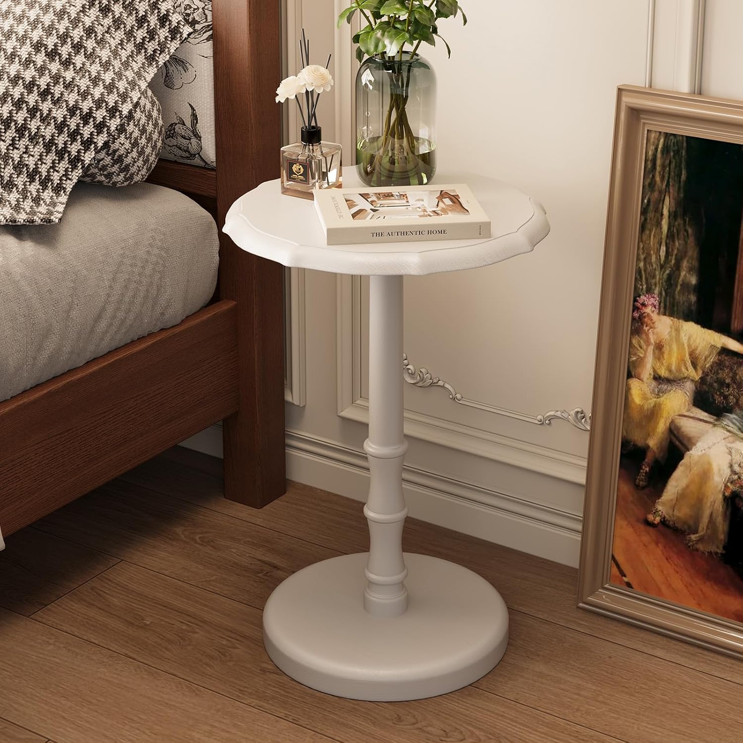 100% Solid Wood Round Pedestal Side Table, Vintage End Table for Living Room Bedroom, Heavy-Duty Antique Accent Table for Corner Spaces, Small Bedside Nightstand, 5-Min Assembly, White