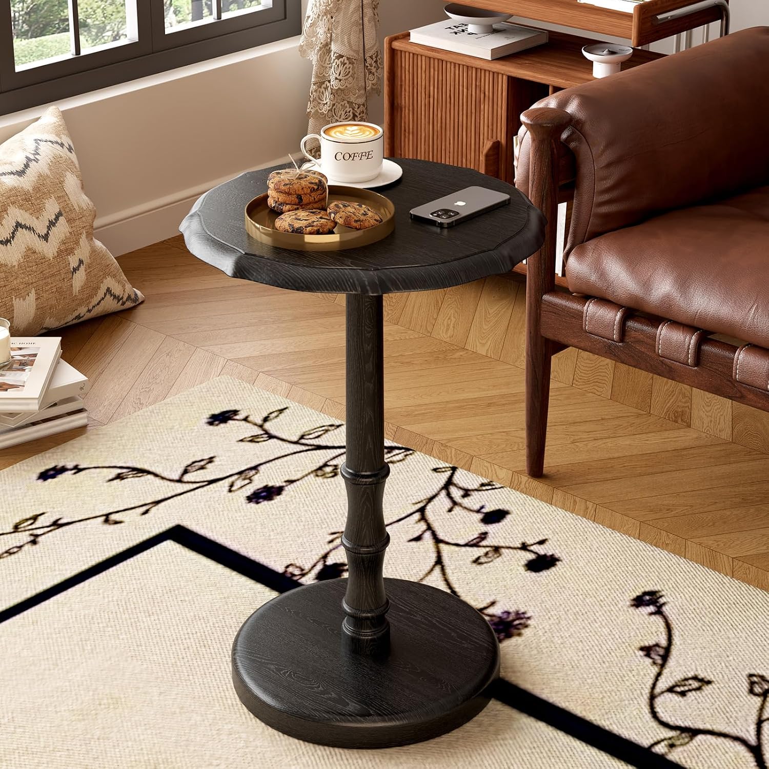 100% Solid Wood Round Pedestal Side Table, Vintage End Table for Living Room Bedroom, Heavy-Duty Antique Accent Table for Corner Spaces, Small Bedside Nightstand, 5-Min Assembly, Black