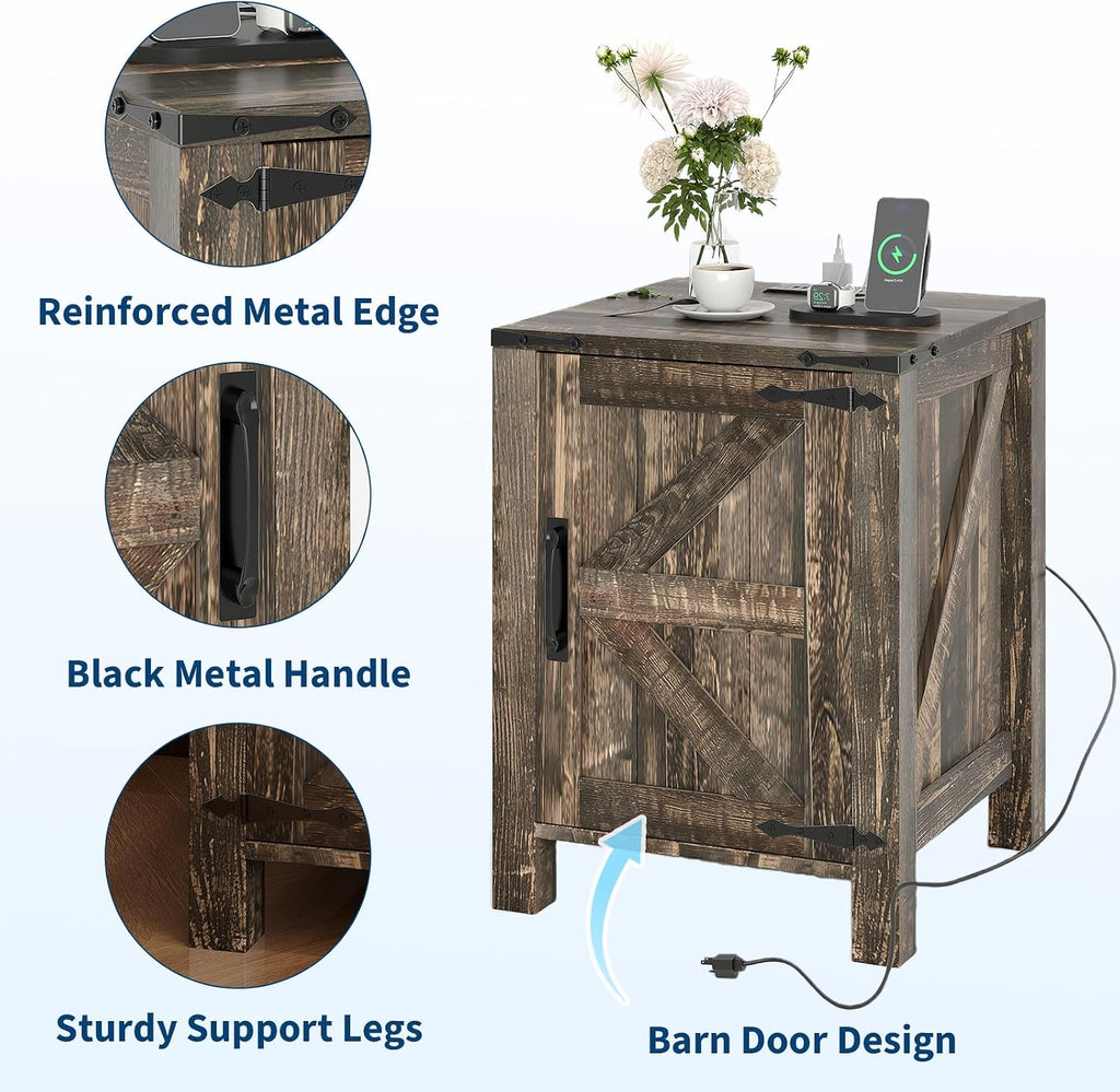 Garvee Rustic Farmhouse Nightstand with Charging Station, Barn Door and Adjustable Storage Shelf, Wooden Small Bedside Table, 18' Modern Two-Tier Nightstand & End Table for Bedroom (2, Dark Brown)