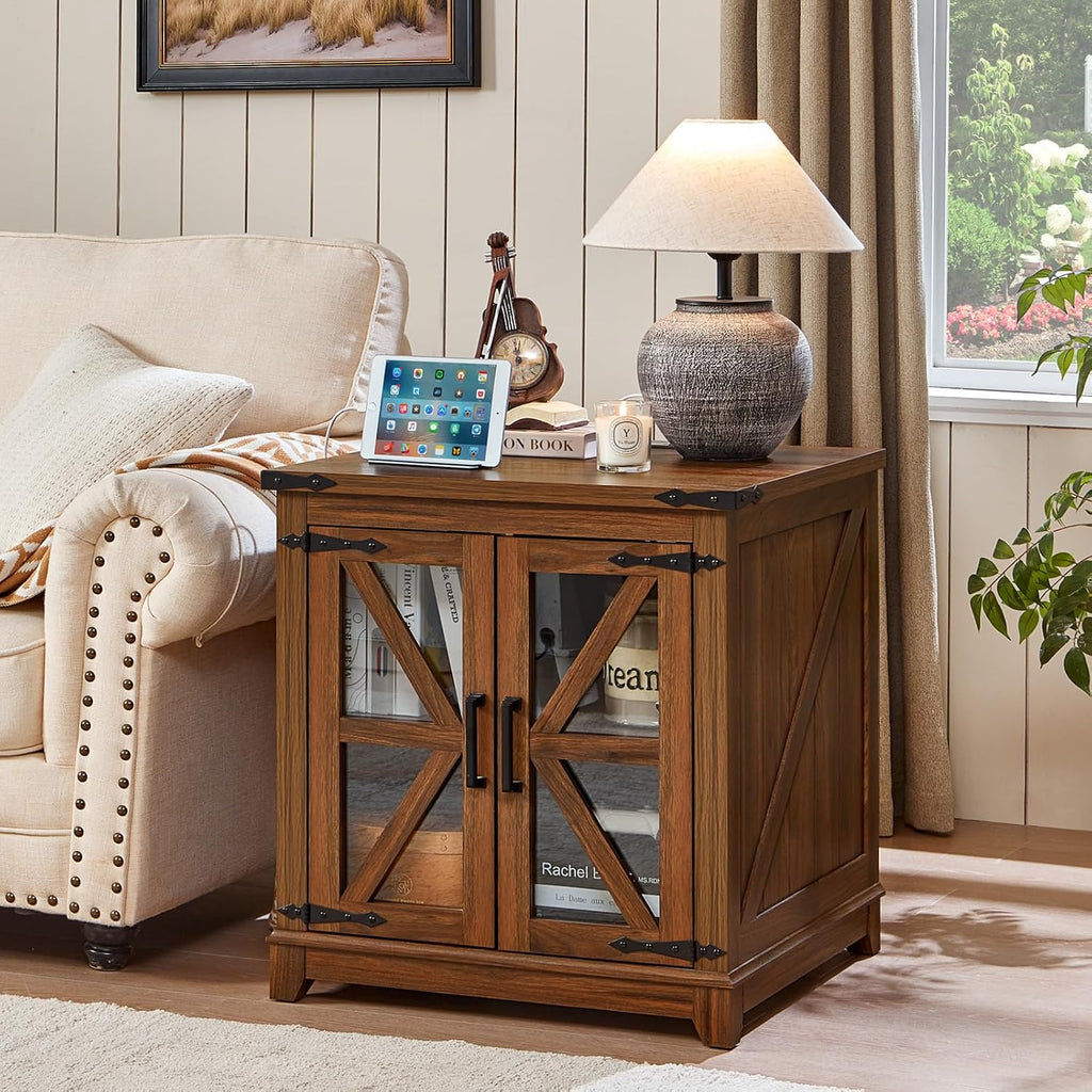 Joaxswe Farmhouse End Table with Charging Station Set 2, 24' Large Sofa Side Table with Glass Barn Door, Nightstand with Adjustable Storage Shelf,Wood Square Bedside Table for Living Room,Bedroom