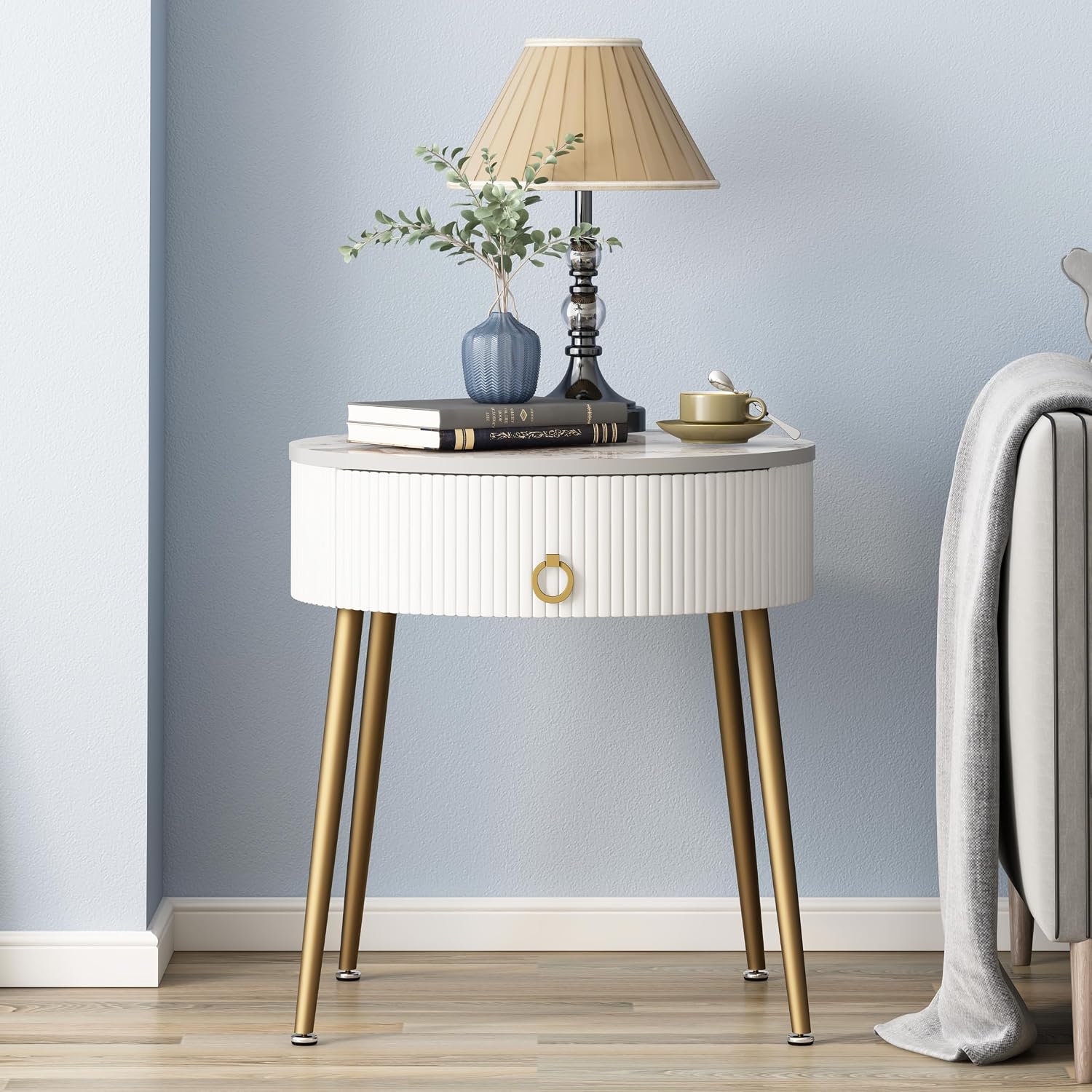 OIOG Round Nightstand with Drawer, Modern Side Table with Marbling Natural Stone Tabletop and Metal Legs, Small End Table with Storage for Living Room and Bedroom, Gold