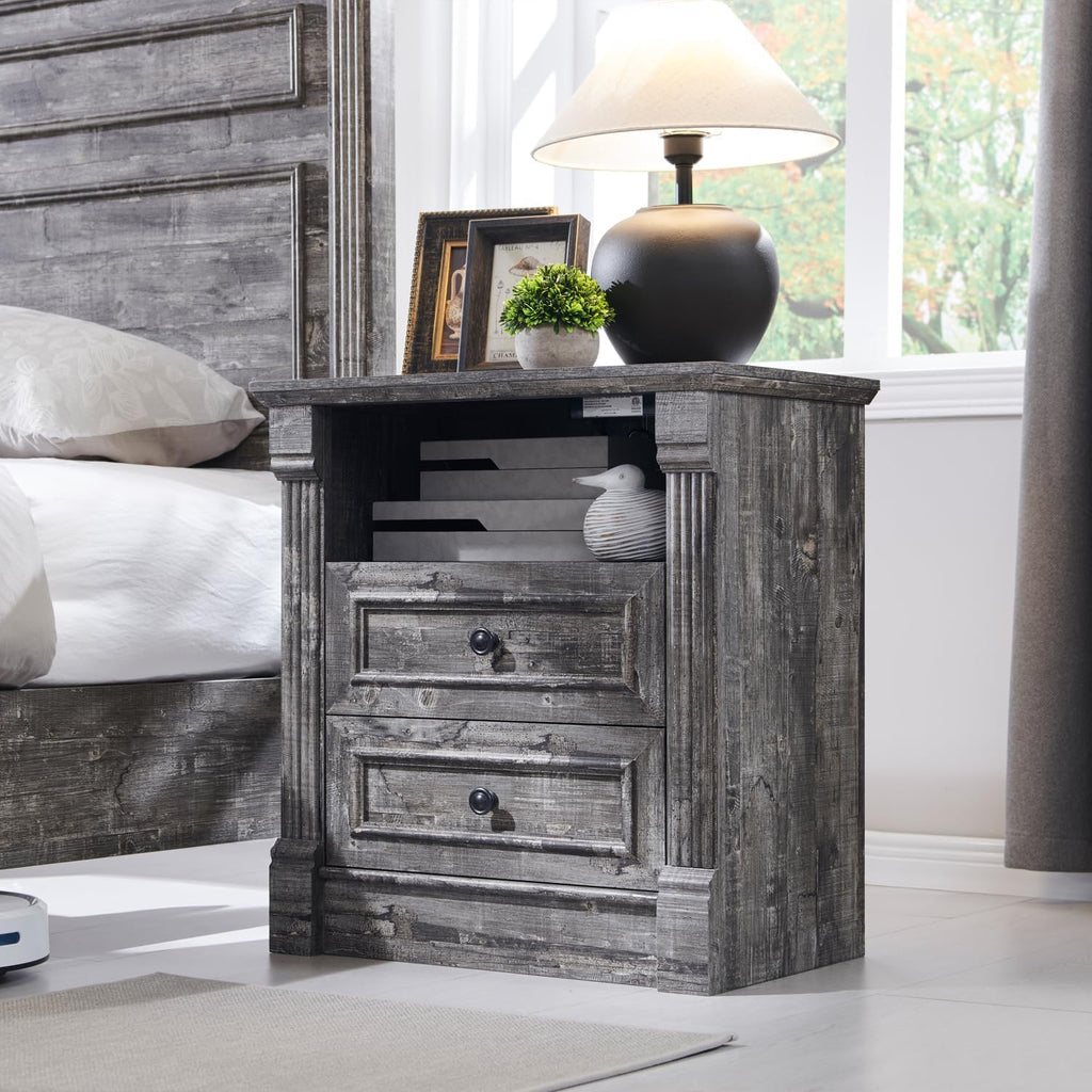 Aitjunz 26' Tall 2 Drawers Dresser for Bedroom, Farmhouse 23.6' Wide Large Nightstand with Charging Station, Wood Rustic Side Table w/Roman Column, End Table for Bedroom, Living Room, Light Grey