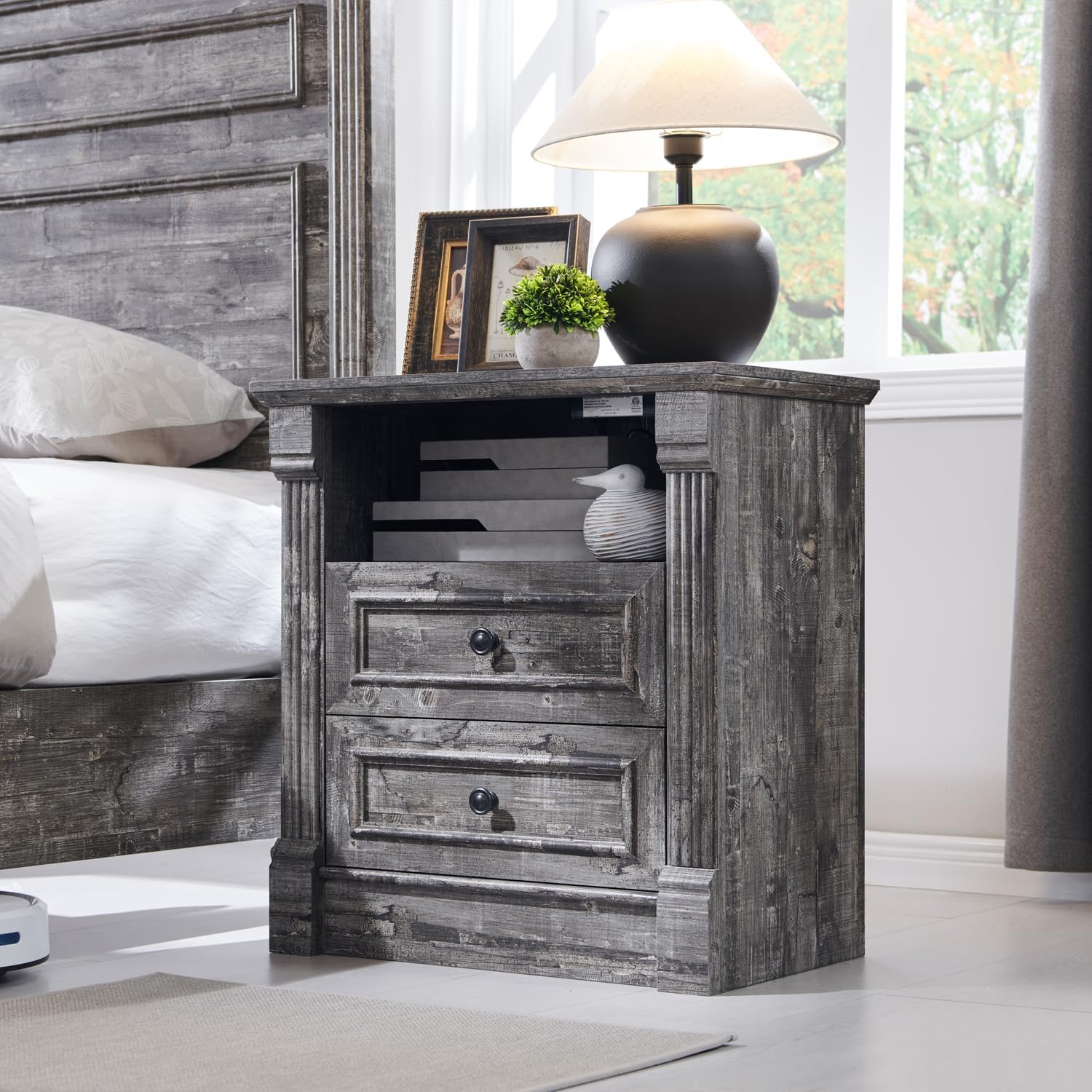 Aitjunz 26' Tall 2 Drawers Dresser for Bedroom, Farmhouse 23.6' Wide Large Nightstand with Charging Station, Wood Rustic Side Table w/Roman Column, End Table for Bedroom, Living Room, Light Grey