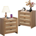 SICOTAS Rattan Night Stand Set of 2 - Tall Nightstands with Type-C Charging Station, 3 Rattan Storage Drawers, Larger Nightstand Boho Bedside Table End Table for Bedroom Sofa Couch Office - Oak