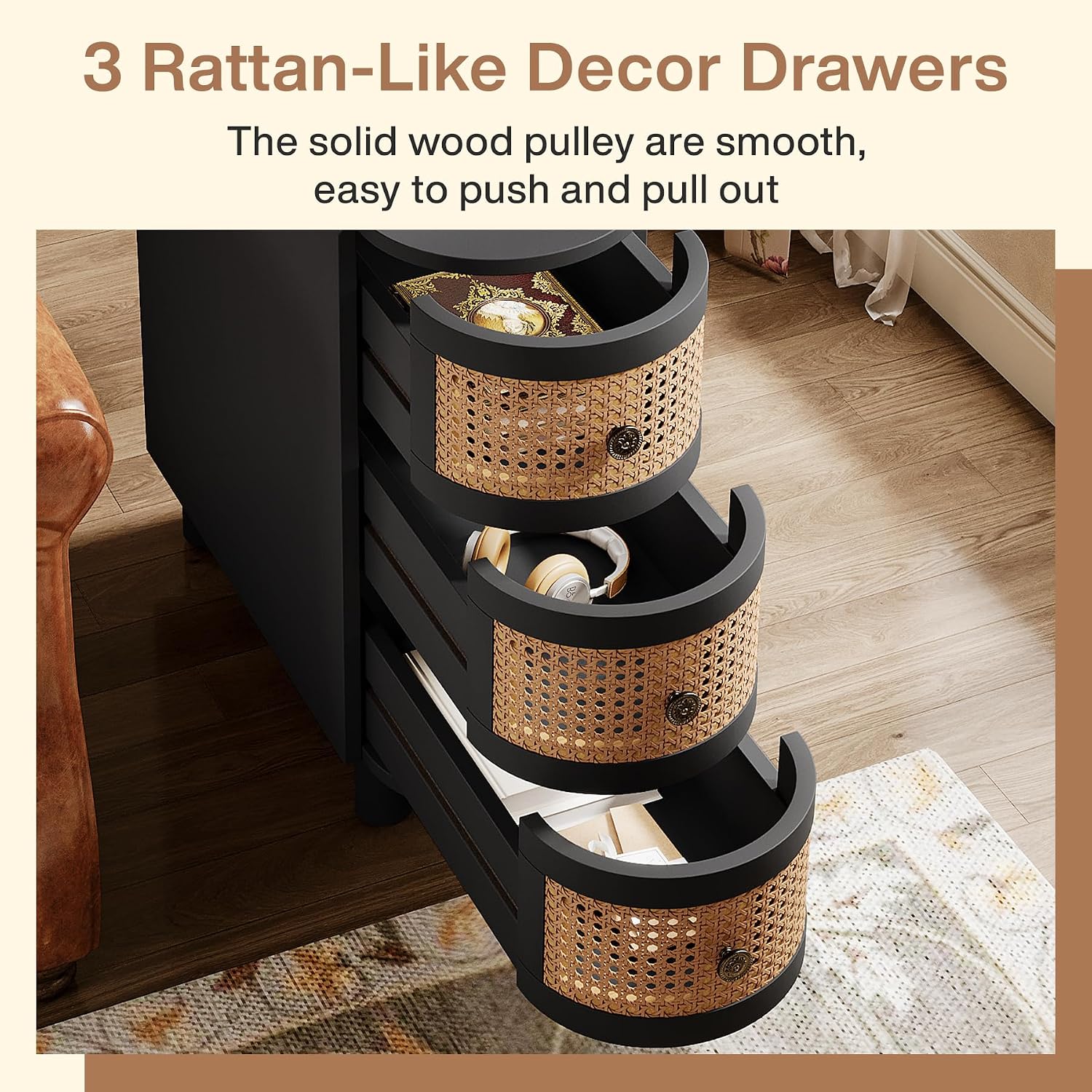Tribesigns 3-Drawer Rattan End Table, Sofa Side Table with Vintage Embossed Handles, Slim Nightstand for Living Room, Bedroom, Finished Back, No Assembly (Black & Oak, 1 PC)
