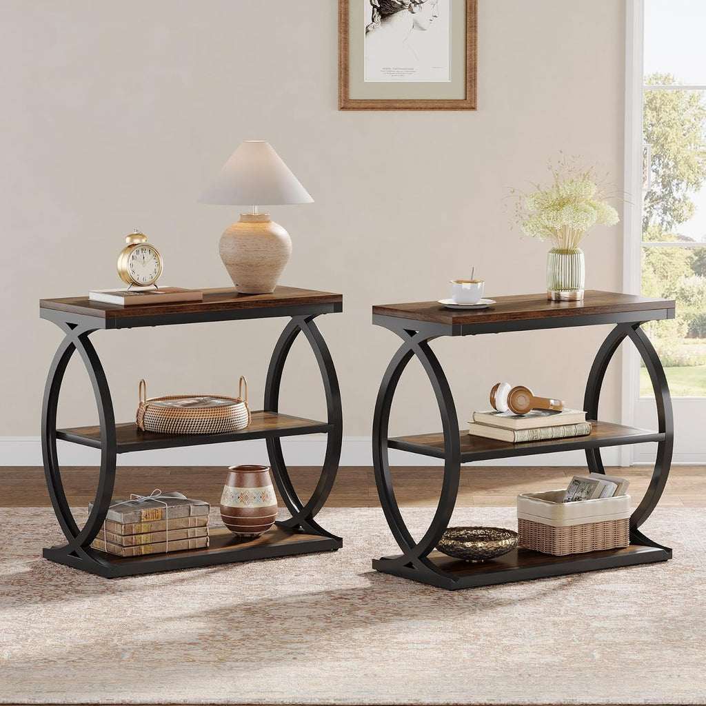 Tribesigns End Table Set of 2, Narrow 3-Tier End Table for Living Room, Industrial Wooden Side Table with Metal Frame, Small Bedside Nightstand for Bedroom, Small Spaces, Rustic Brown