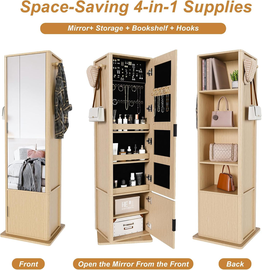 360° Rotating Makeup Cabinet Walnut, Jewelry Cabinet with Full-Length Mirror, Standing Storage Cabinet with Coat Rack, 4 Open & 2 Built-in Shelves for Bedroom Bathroom