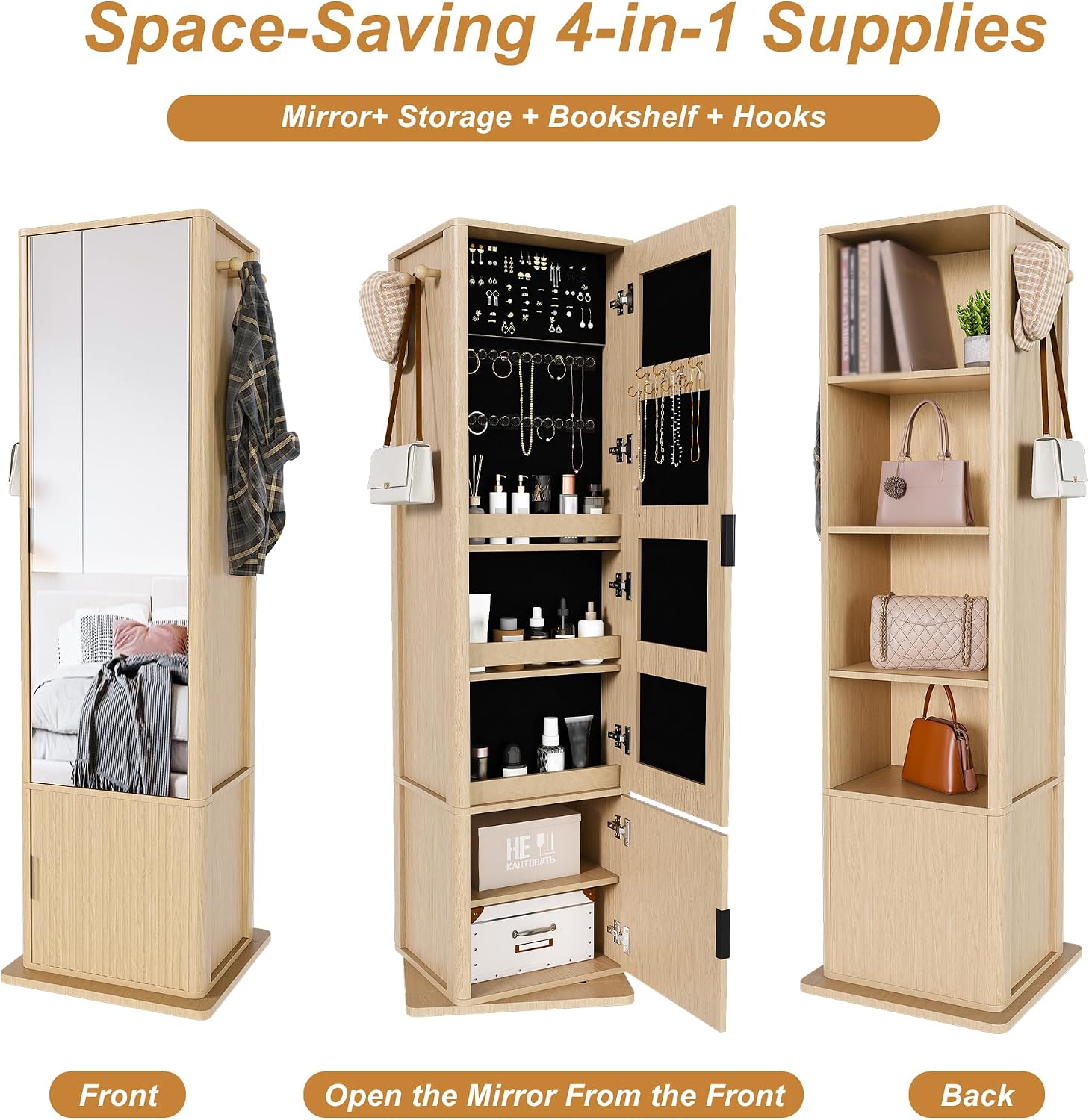 360° Rotating Makeup Cabinet Walnut, Jewelry Cabinet with Full-Length Mirror, Standing Storage Cabinet with Coat Rack, 4 Open & 2 Built-in Shelves for Bedroom Bathroom