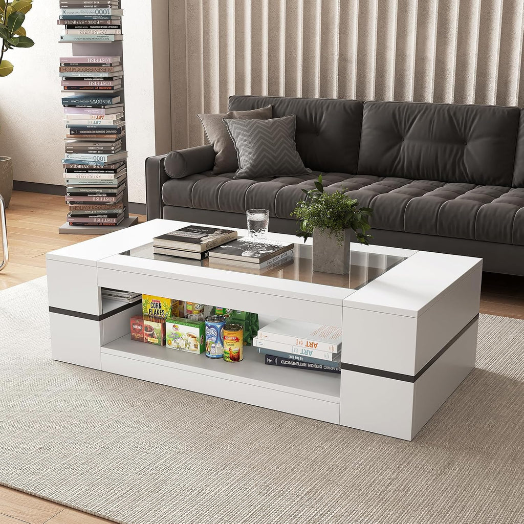 HedoAjim 47.2' Modern Stylish Coffee Table with Glass Table Top, Large Living Room Table Rectangular 2-Tier Center Tables with Storage, Wooden Tea Tables for Dining Reception Room, White