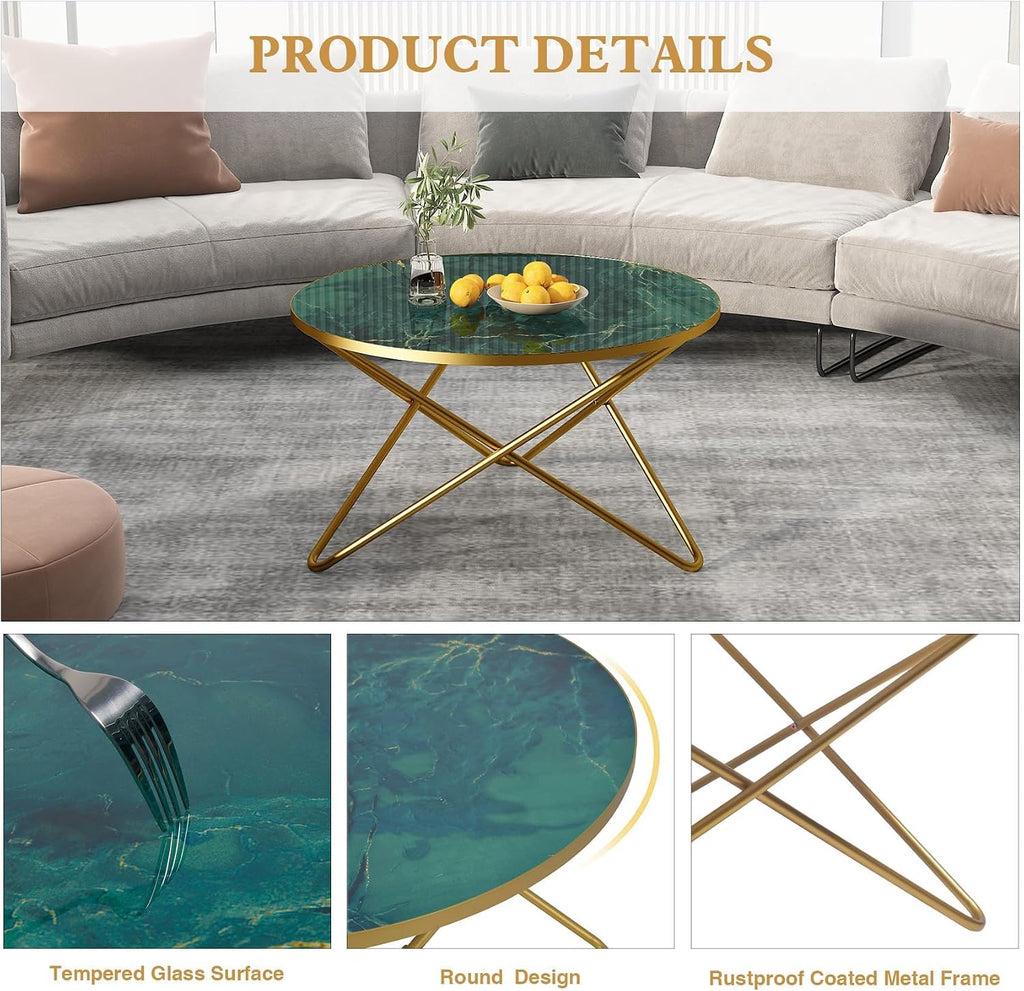 HLR Modern Round Coffee Table and Side Table Set of 3,End Table with Faux Marble Top and Gold Metal Frame, Side Table for Living Room, Bedroom, Sofa and Couch, Gold Legs, Green Marble Top