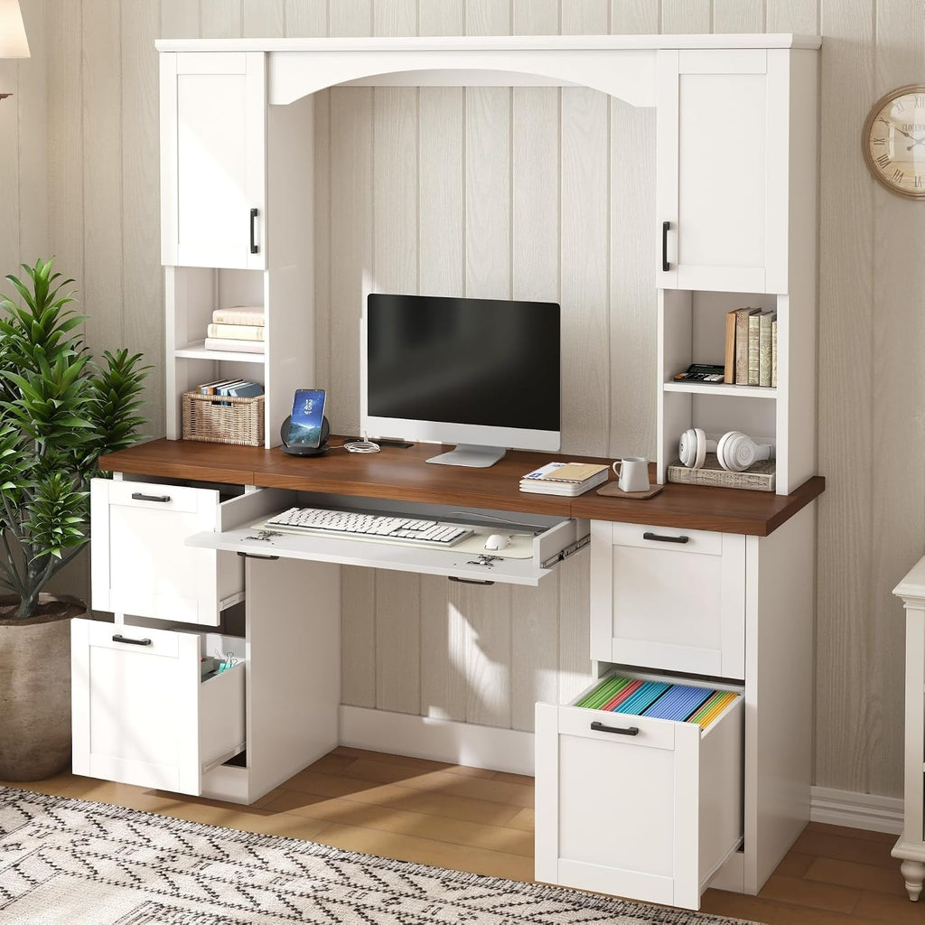 Farmhouse Arched Computer Desk with Hutch,Walnut Home Office Workstation with Charging Station & Keyboard Tray,All-in-One Writing Desk for Study, Office (White-FA)