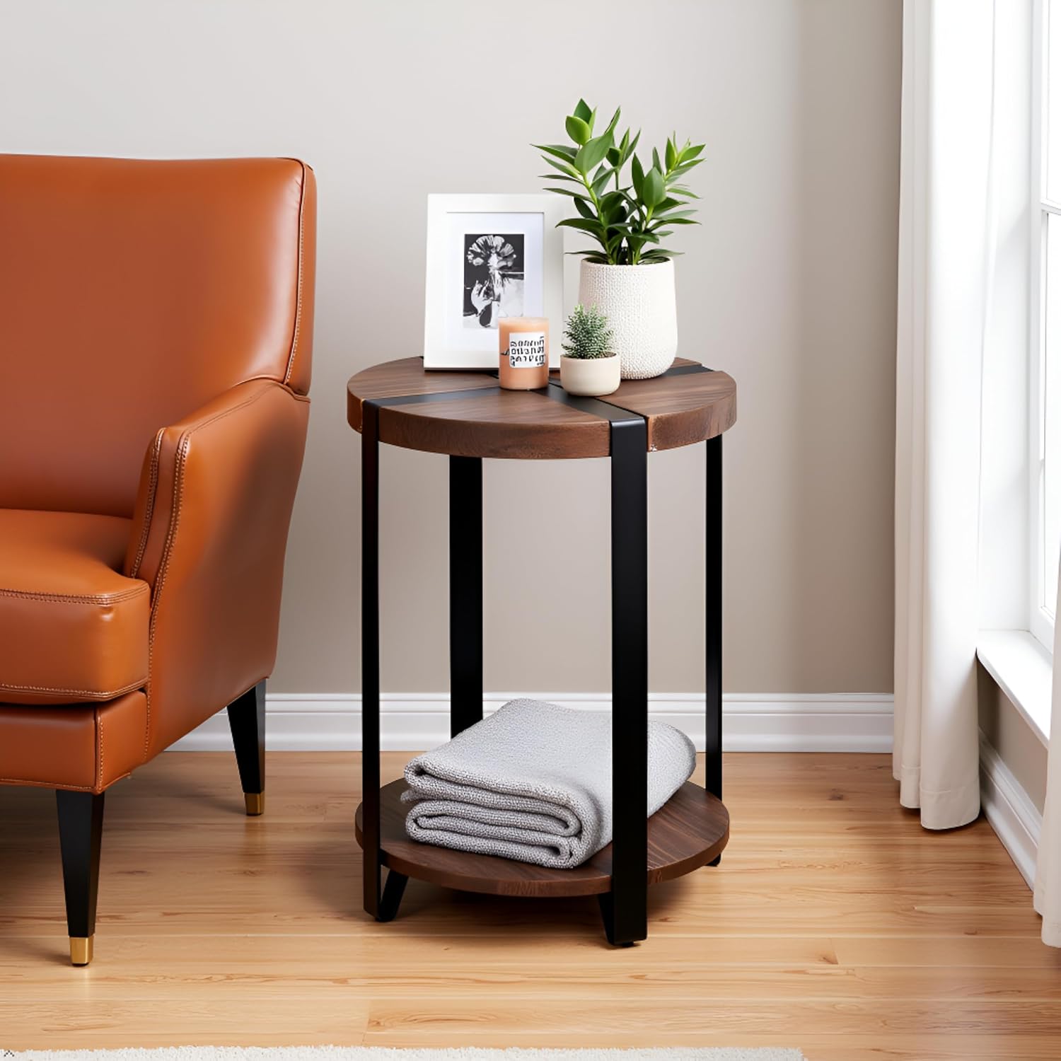 Modesto 20-Inch Round End Table – Rustic 2-Tier Side Table with Solid Wood Top, Lower Shelf, & Metal Legs – Small Accent Table for Living Room or Bedroom by Alaterre Furniture (Natural Wood Finish)
