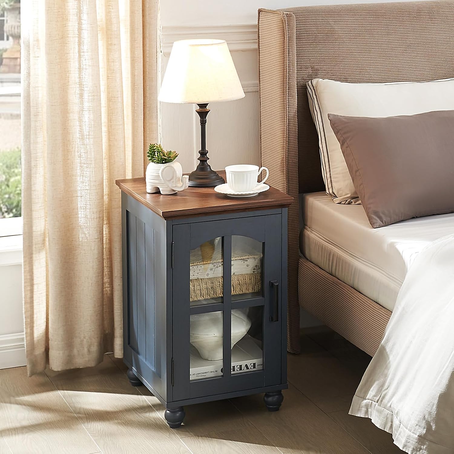 RWYHG Farmhouse Coffee and end Tables 3-Piece Set,Wood 48' Center Table with 4 Drawers,Large Sofa Side Table with Charging Station & with Glass Barn Door Storage for Home Living Room Hallway,Blue