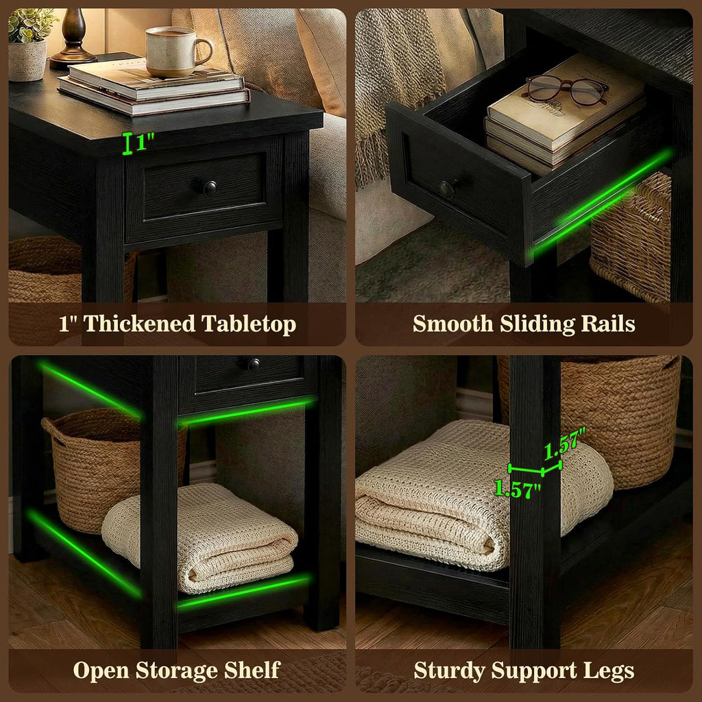 Armocity Narrow End Table Set of 2 with Charging Station - Farmhouse Side Tables with Drawers, 14' Wood Nightstands Set of 2 for Bedroom Living Room, Slim Couch Bedside Table Small Spaces, Black