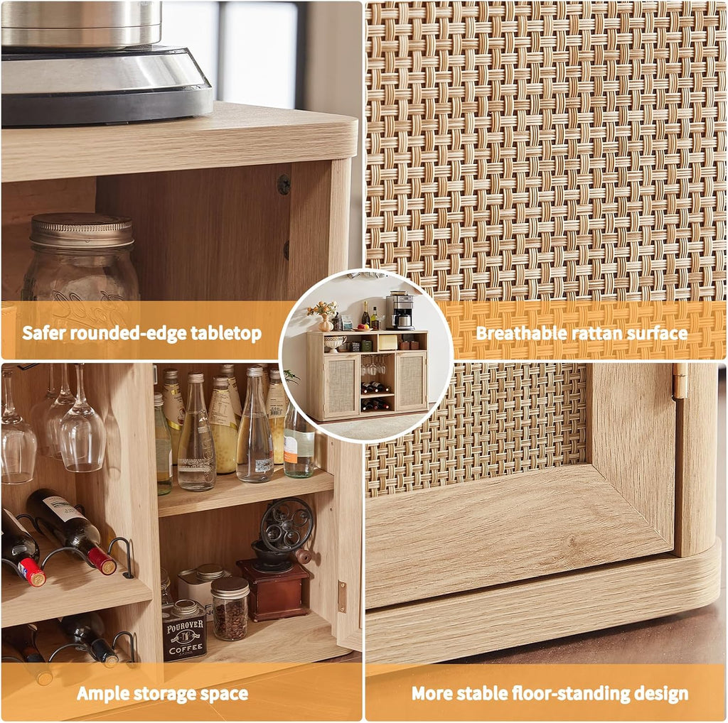 Lerliuo Rattan Wine Cabinet with 2 Doors, Boho Liquor Cabinet with Wine Racks, Farmhouse Coffee Bar Station for Living Room, Dining Room, Kitchen, Natural Wood