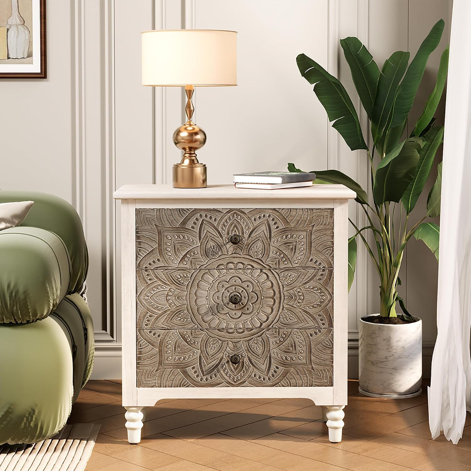 COSIEST 3 Drawers Nightstand Set of 2, Accent Dresser, 29'' Tall Wood Vintage Small Accent Chest, Bedside Table,Bedroom Furniture for Home, Entryway (Lotus Pattern)