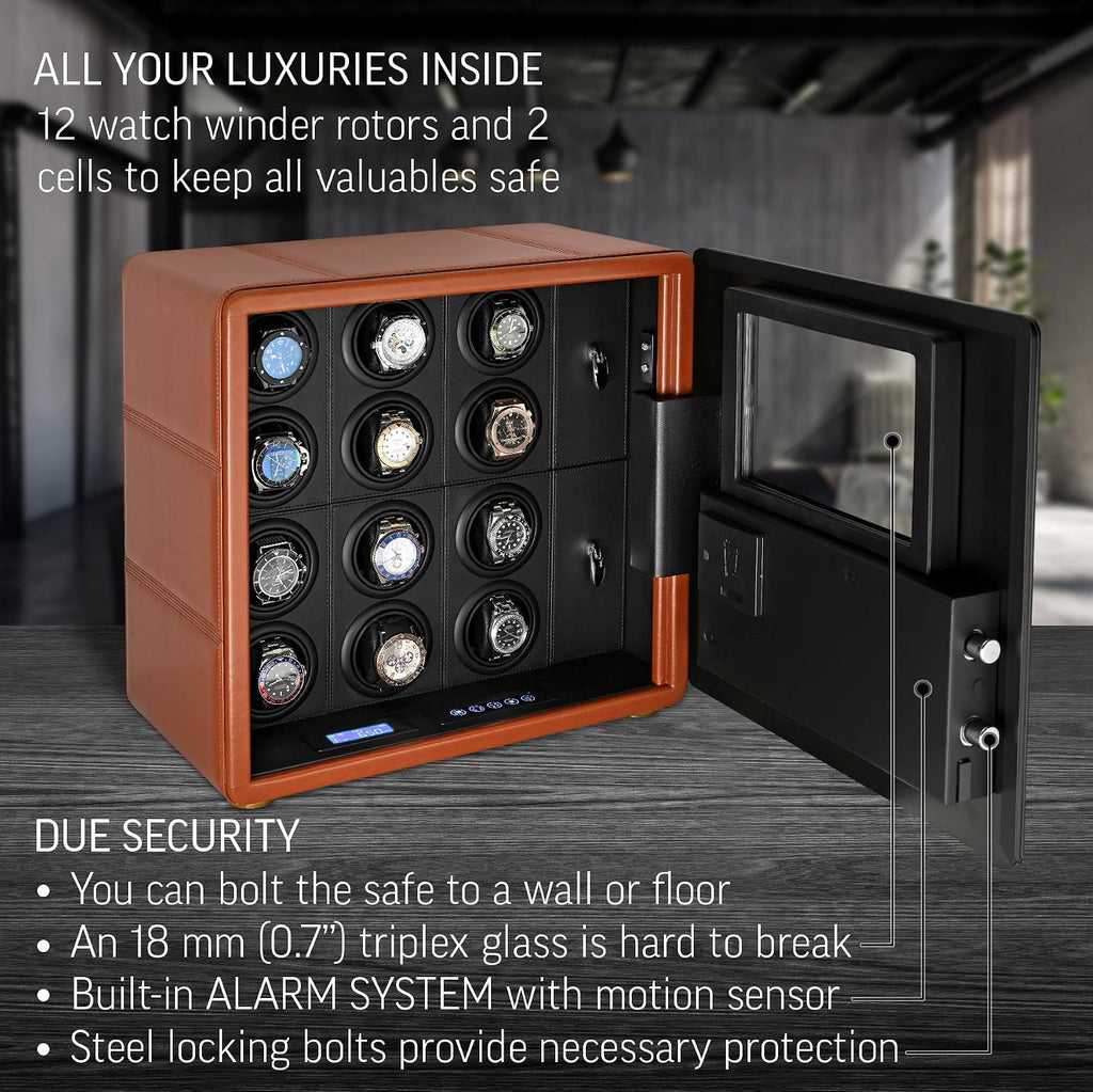 12 Watch Winder with Fingerprint Lock, Interior Light, Alarm System and 2 Storage Compartments