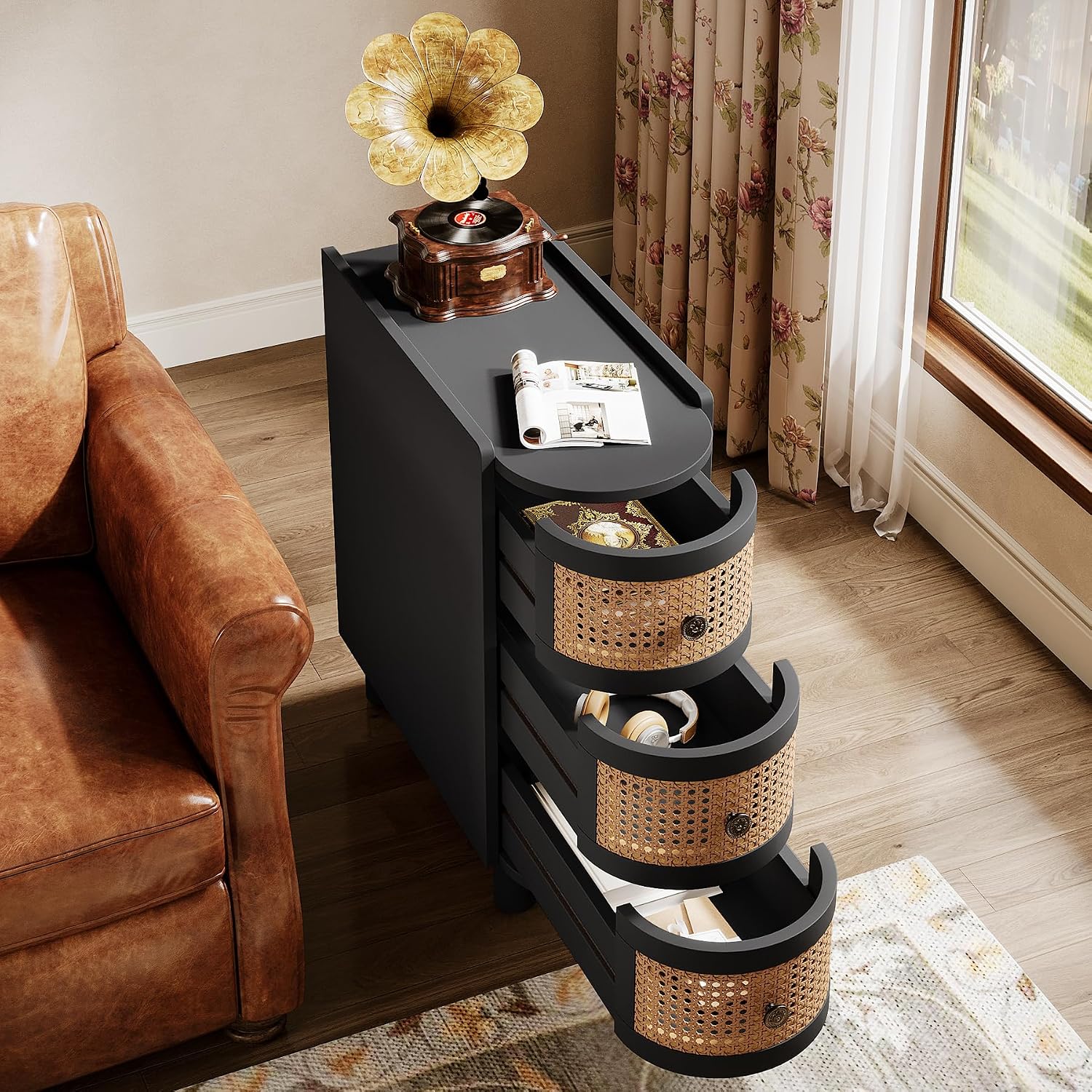 Tribesigns Solid Wood End Table, 3-Drawer Rattan Side Table, Night Stand with 3 Rattan Drawers and Exquisite Embossed Handles for Living Room, No Assembly Required (Black & Oak, 1PC)