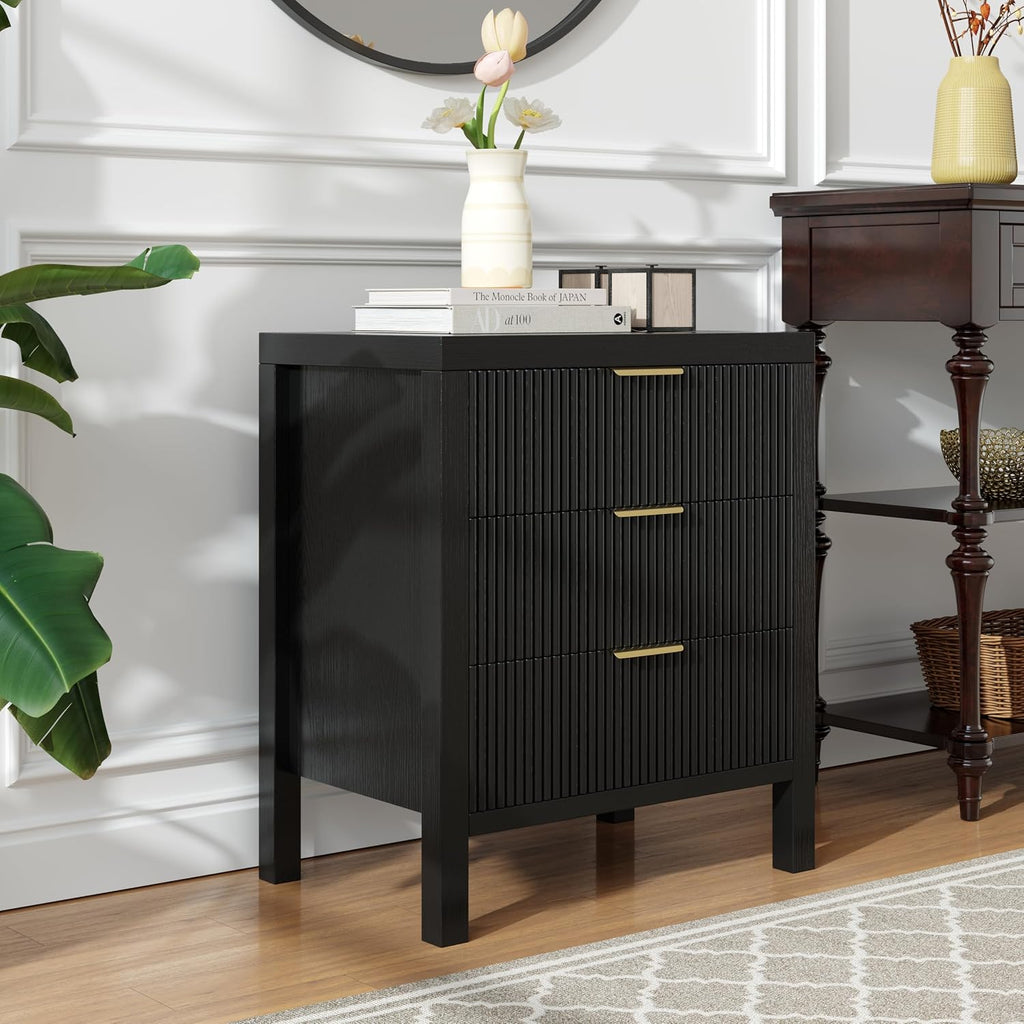 End Table with Storage, Wooden Farmhouse Nightstands with 3 Drawers, Bedside Table - Boho Tall Side Table Accent for Bedroom, Living Room, Black