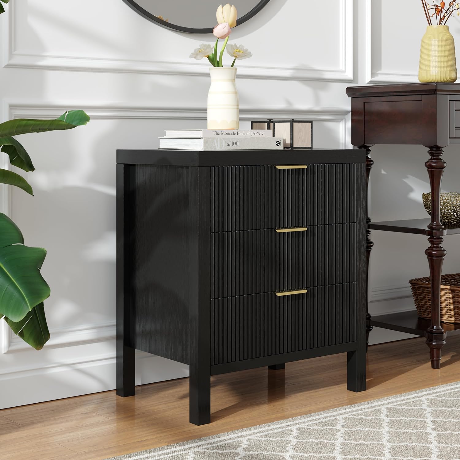 End Table with Storage, Wooden Farmhouse Nightstands with 3 Drawers, Bedside Table - Boho Tall Side Table Accent for Bedroom, Living Room, Black