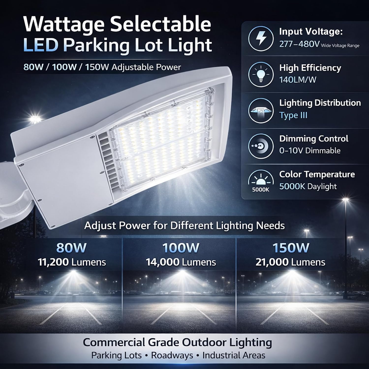 480V LED Parking Lot Light, 80W/100W/150W Wattage Selectable, 21,000LM 5000K White Housing Shoebox Pole Light, 277–480V High Voltage, Surge Protection, UL Listed, Commercial Area Street Lighting