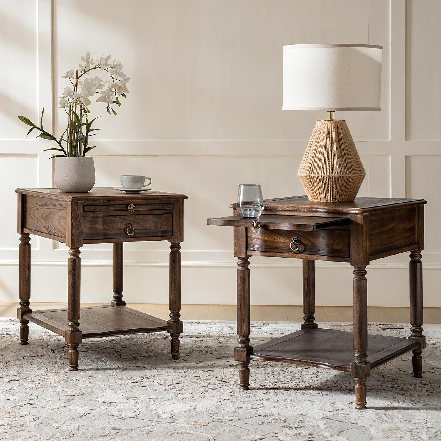 HULALA HOME Small End Table with Charging Station, Solid Wood Side Table with a Drawer & Open Shelf, Vintage Finish, Spindle Legs(Walnut, Set of 2)