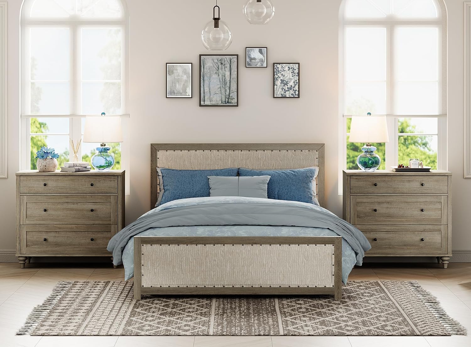 WAMPAT Farmhouse Nightstand with 3 Drawers, Set of 2 Large 3 Drawers Wood Bedside Table Night Stand, Wide Sofa Side End Table Chest of Dresser for Living Room, Bedroom, Wash Grey, 34 inch