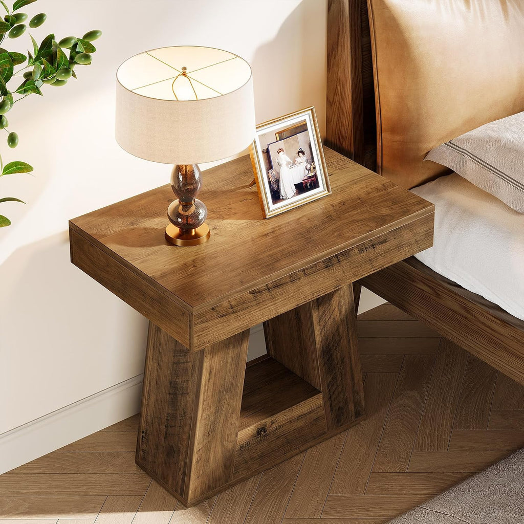 Tribesigns 24' Modern Side Table Set of 2, 2-Tier Narrow Wooden End Table with Trapezoid Base, Farmhouse Small Nightstand for Living Room, Bedroom (Brown)