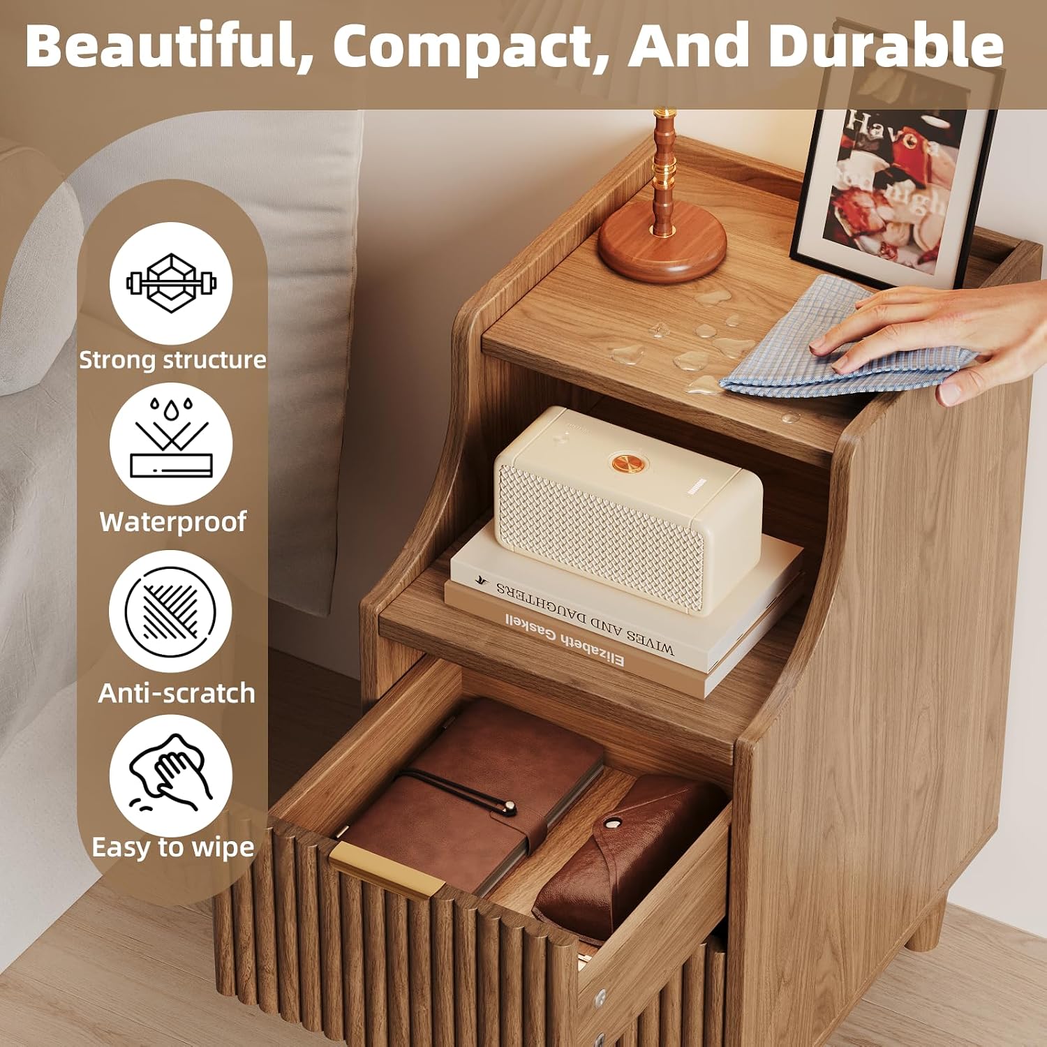 Narrow Nightstand Set of 2,11.8' Fluted Bedside Table Set of 2, Slim Side End Table with 2 Drawers, Wooden Bedside Table, Mid Century Modern Night Stand for Bedroom Livingroom Sofa Office
