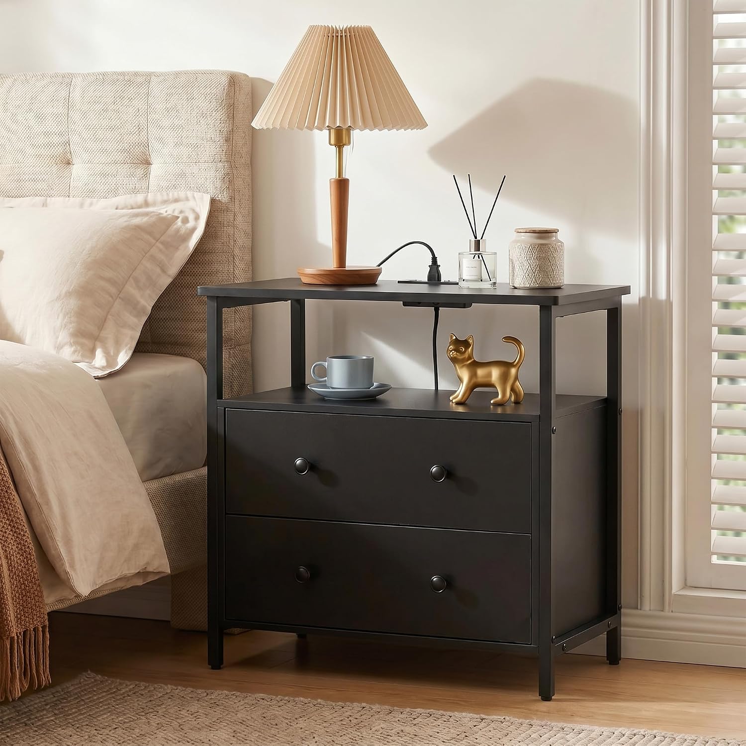 Edbuosy 27 inch Wide Night Stand Set 2 with Charging Station, Bedside Table with Open Shelf, 2 Drawers Small Wood Dresser, Modern Wood Nightstand for Bedroom/Living Room (Black)