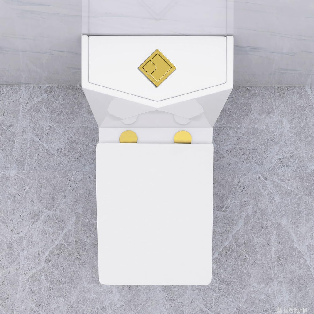 WinZo Modern Square Toilet One Piece With Golden Push Button Dual Flush Elongated Rectangle Comfortable ADA Height,White with golden Parts