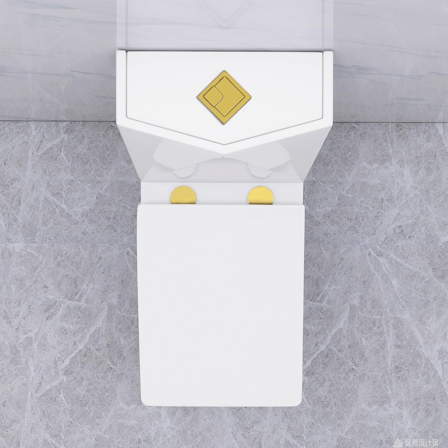 WinZo Modern Square Toilet One Piece With Golden Push Button Dual Flush Elongated Rectangle Comfortable ADA Height,White with golden Parts