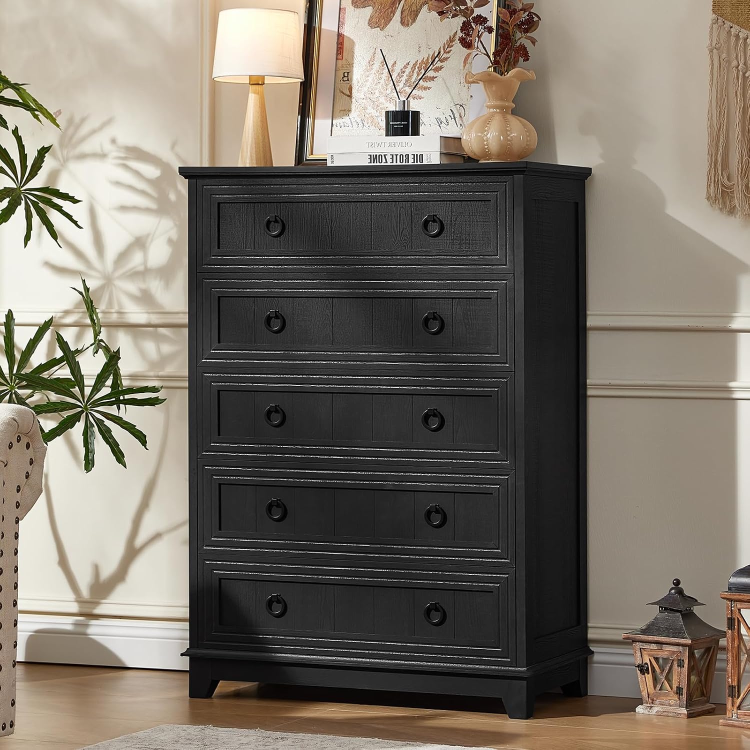 Joaxswe Farmhouse 5 Drawer Dresser for Bedroom Set of 2, 42' Tall Small Dressers & Chest of Drawers, Rustic Wood Dresser with Metal Handle, Storage Organizer Closet for Living Room, Hallway,Entryway