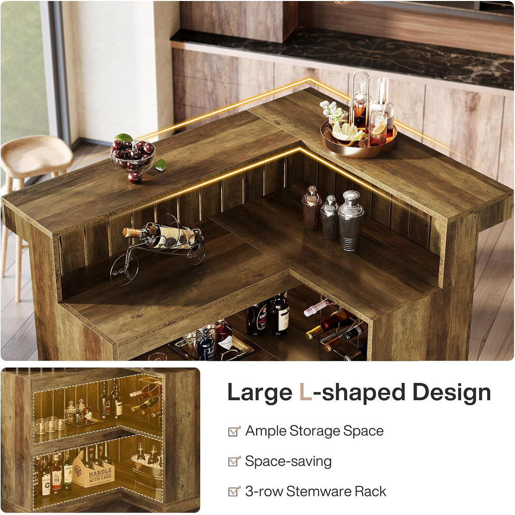 Tribesigns Home Bar Unit, L Shaped Bar Table for Home, 4-Tier Corner Liquor with Storage Shelves and Wine Glasses Holder, Industrial Wine Cabinet Reception Desk for Basement (1, Brown)