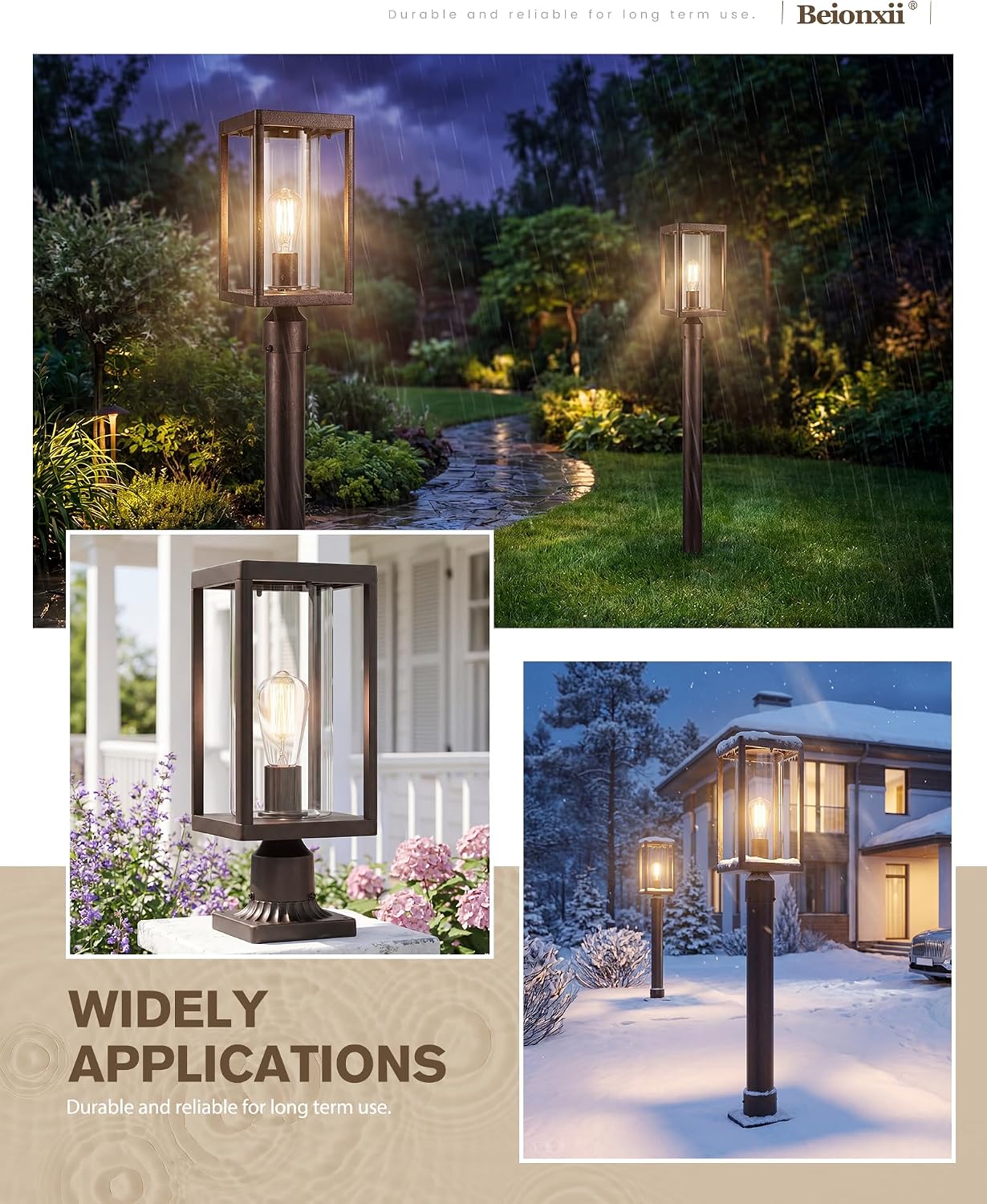 Beionxii Outdoor Post Lights, 20in Post Lantern with Pier Mount Base, Aluminum Street Lights with Glass, Fence Post Deck Lighting for Garden, Patio, Pathway, BXA291-P-2PK-ORB (NOT Solar, 110-120V AC)