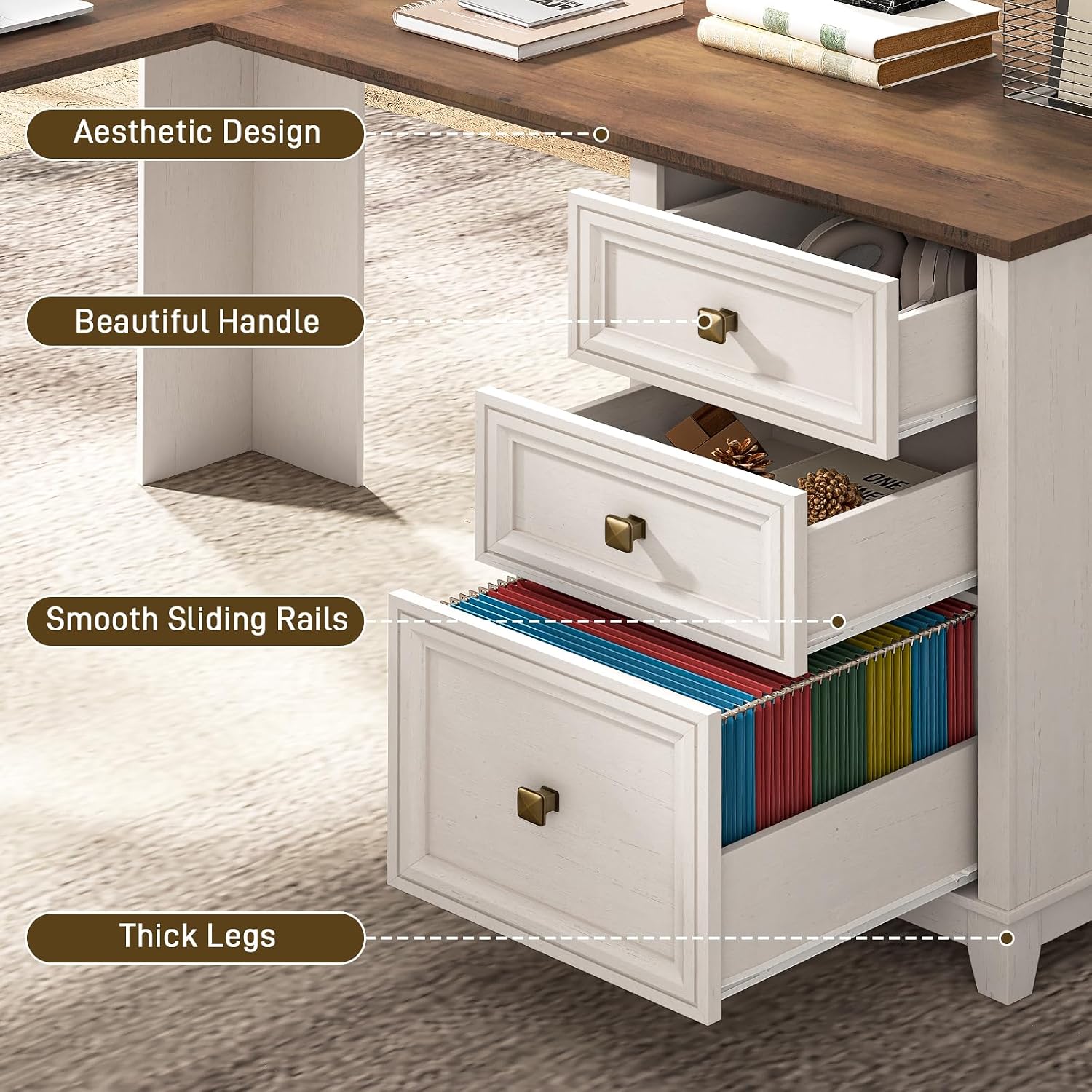 Vabches Farmhouse L Shaped Executive Desk with 6 Drawers, 59'' Wood Home Office Desk with File Cabinet, Writing Corner Computer Desk for Home Office, Work, Study, White and Brown