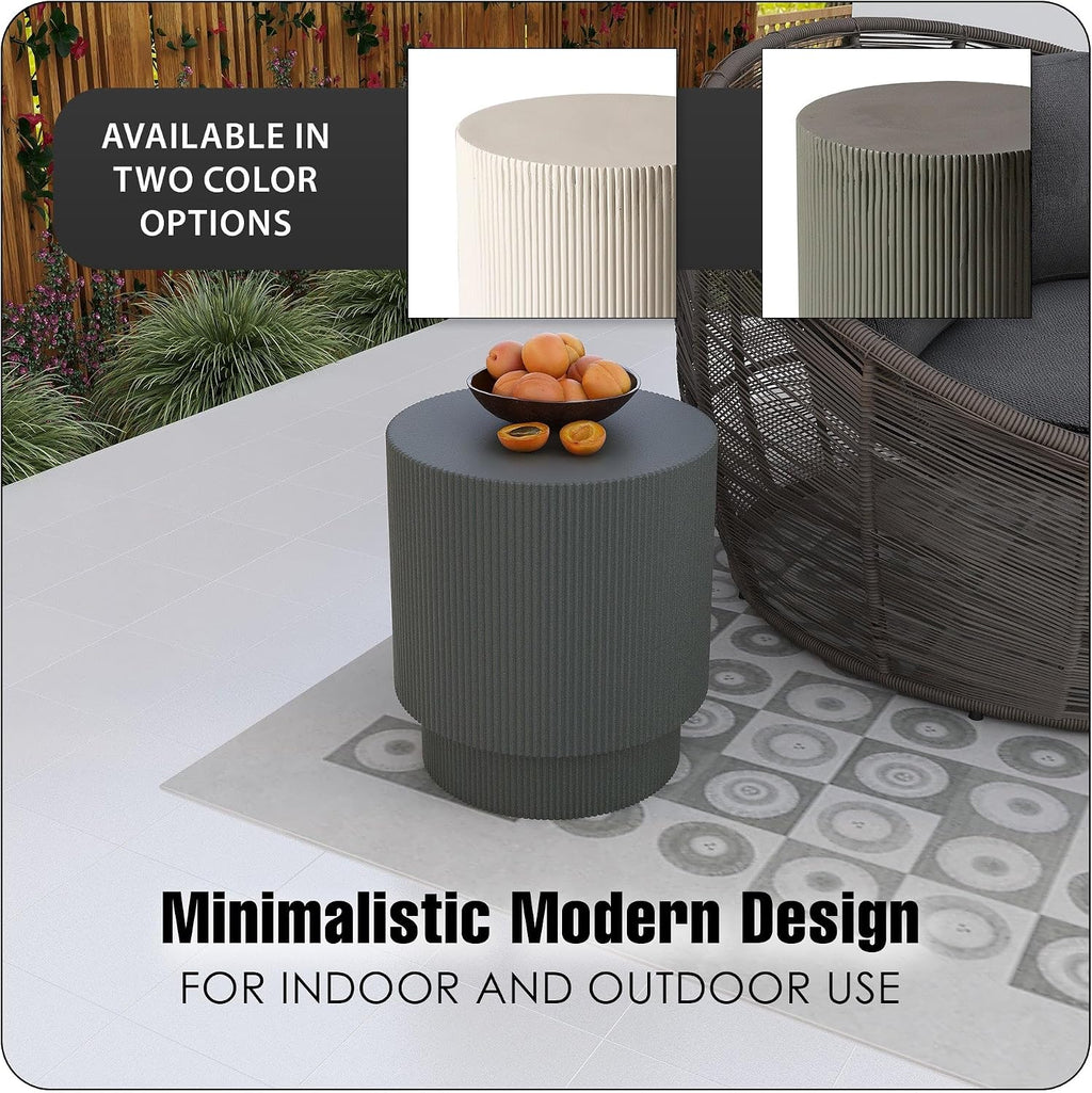 LeisureMod Modern Side Table Round Fiberstone Top Accent End Table for Home, Outdoor Patio, Living Room Sofa, Weather-Resistant, Eden Series in Grey
