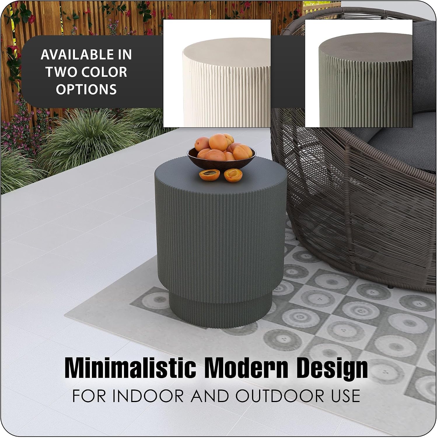 LeisureMod Modern Side Table Round Fiberstone Top Accent End Table for Home, Outdoor Patio, Living Room Sofa, Weather-Resistant, Eden Series in Grey