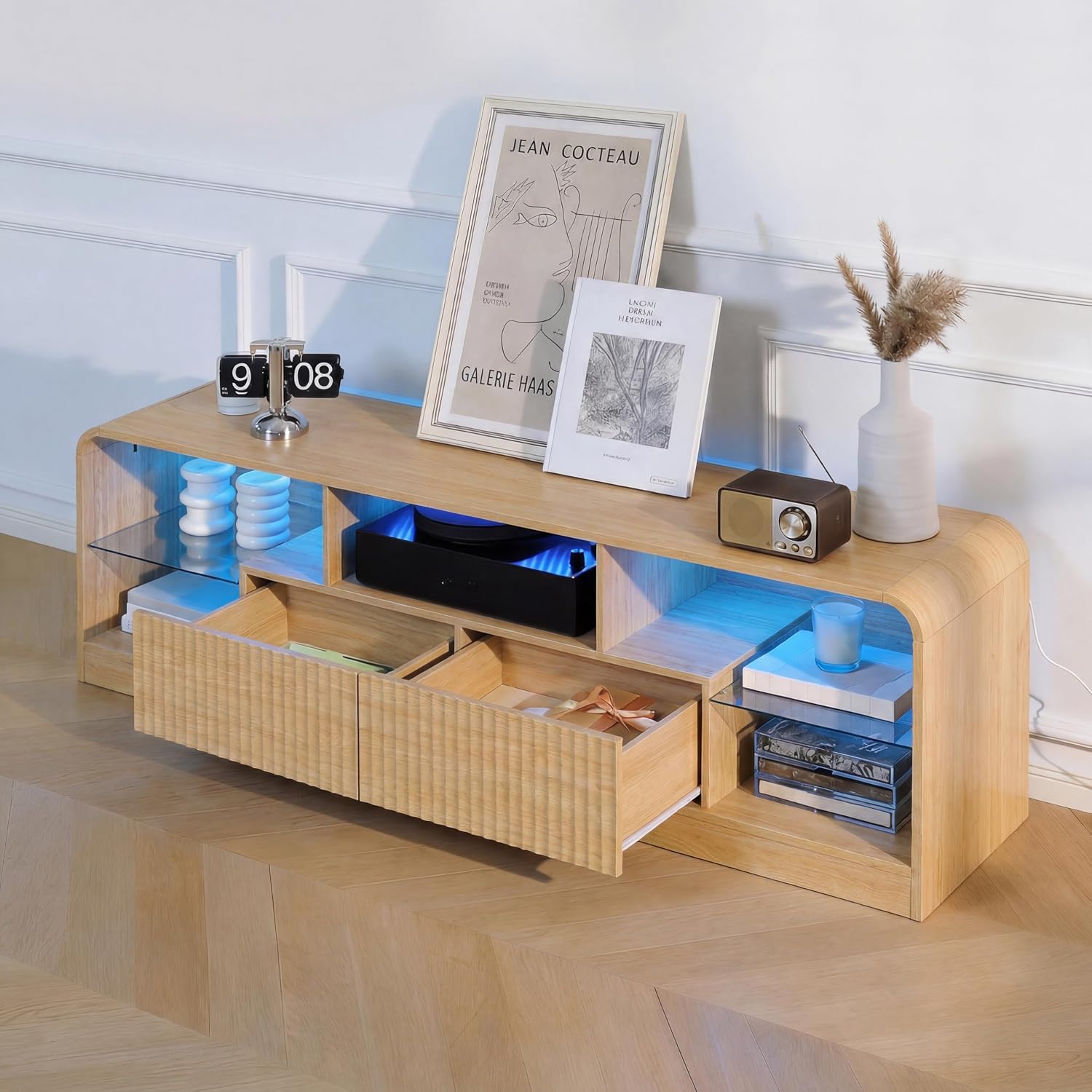 Mid Century Modern TV Stand for 55 60 65 70 75 Inch TVs, Fluted TV Stands for Living Room with LED Lights, 63'' Entertainment Center with 2 Large Drawers & Glass Shelves, Oak