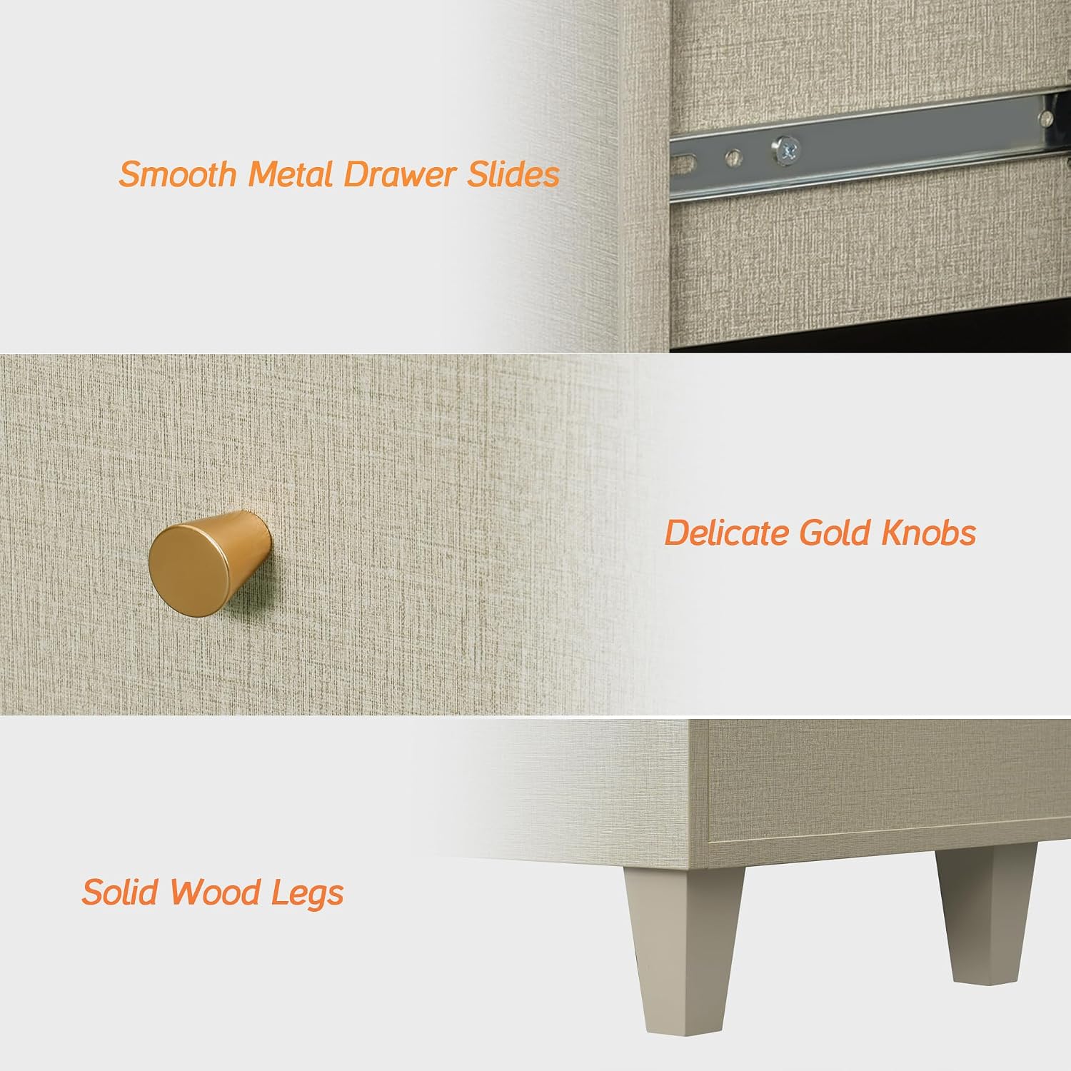 WAMPAT 3-Drawer Nightstand, Modern Wood Bedside Table with Wide Drawers, Large Storage Sofa Side End Table for Bedroom or Living Room, Beige Linen Textured, 35 Inches Wide