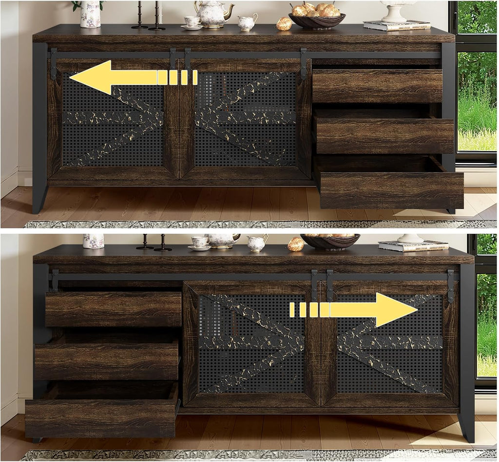 VFK 60 Inch TV Stand for TVs up to 65', Rustic Farmhouse Media Console with Sliding Barn Doors, 6 Drawers, Entertainment Center for Living Room