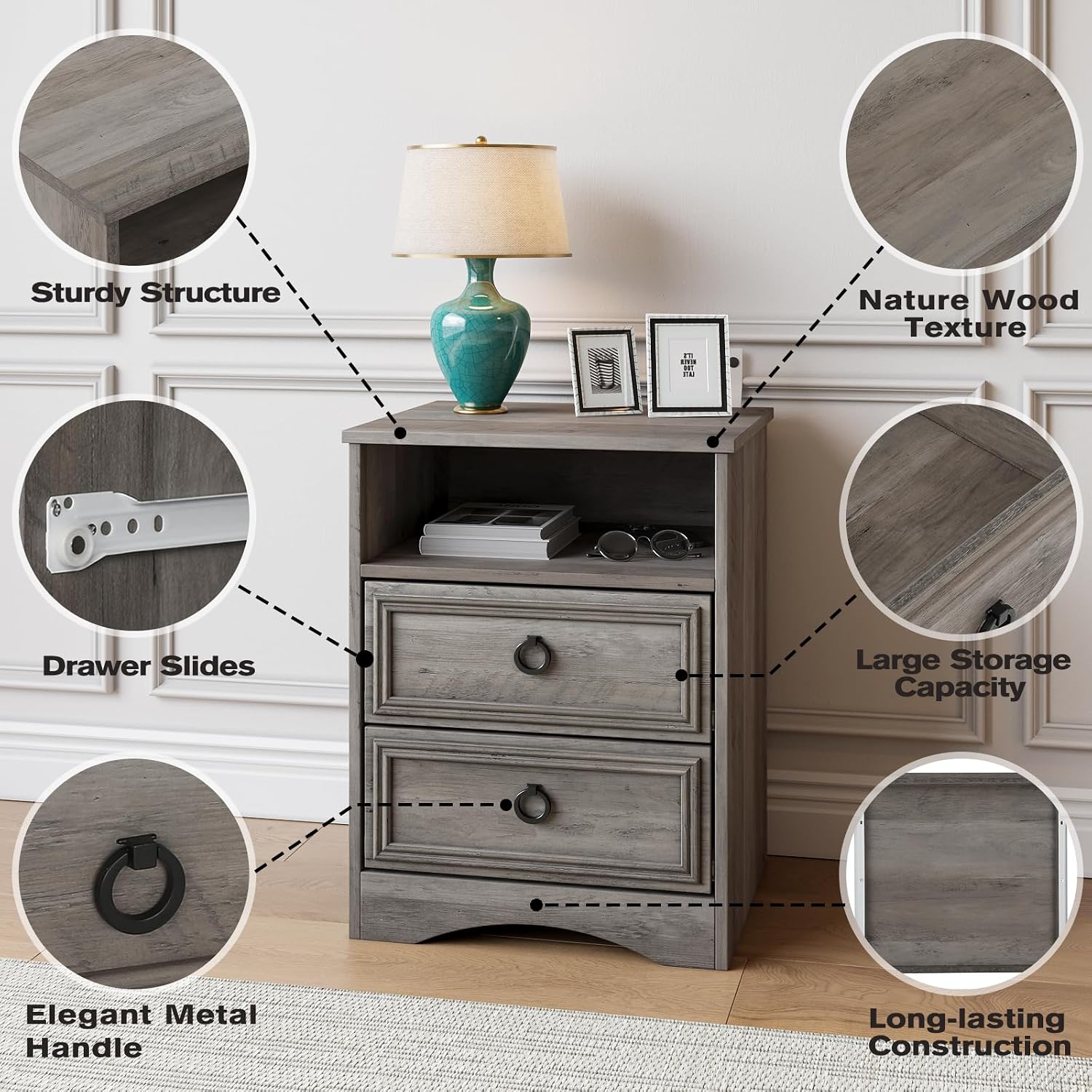 Set of 2 Nightstand with 2 Drawers, 18'W Night Stand with Drawers for Bedroom, Large Accent Bed Side Table and End Table with Open Compartment-Easy Pull Handle, Textured Border for Living Room,Gray