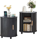 Set of 2 Fluted Round End Table with Charging Station, Small Farmhouse Sofa Side Table with Sliding Tambour Door & Storage, Mid-Century Wood Fulted Nightstands for Living Room, Bedroom (Black)