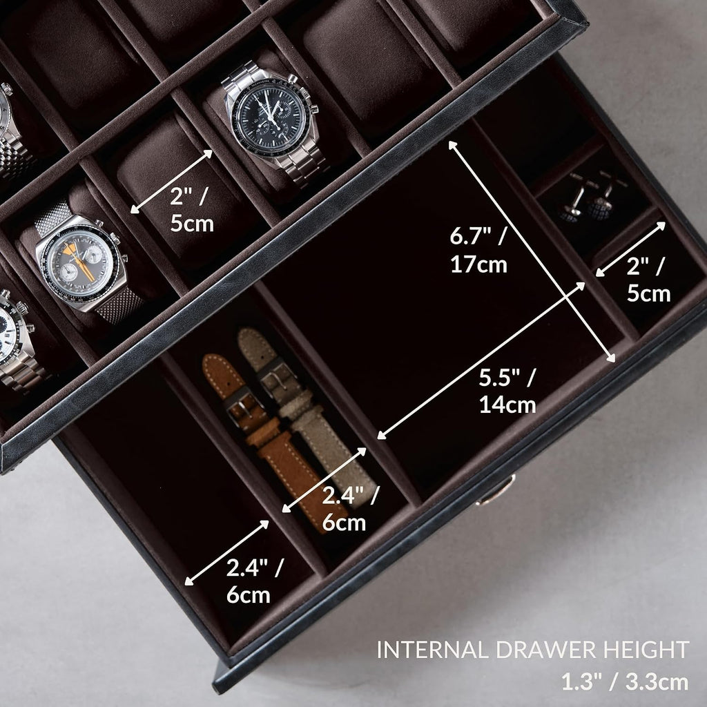 TAWBURY 12 Slot Watch Box with Storage Drawer - Premium Black PU Leather Watch Box for Men | Easy One-hand Opening, Plush Velveteen Interior (Black/Charcoal)