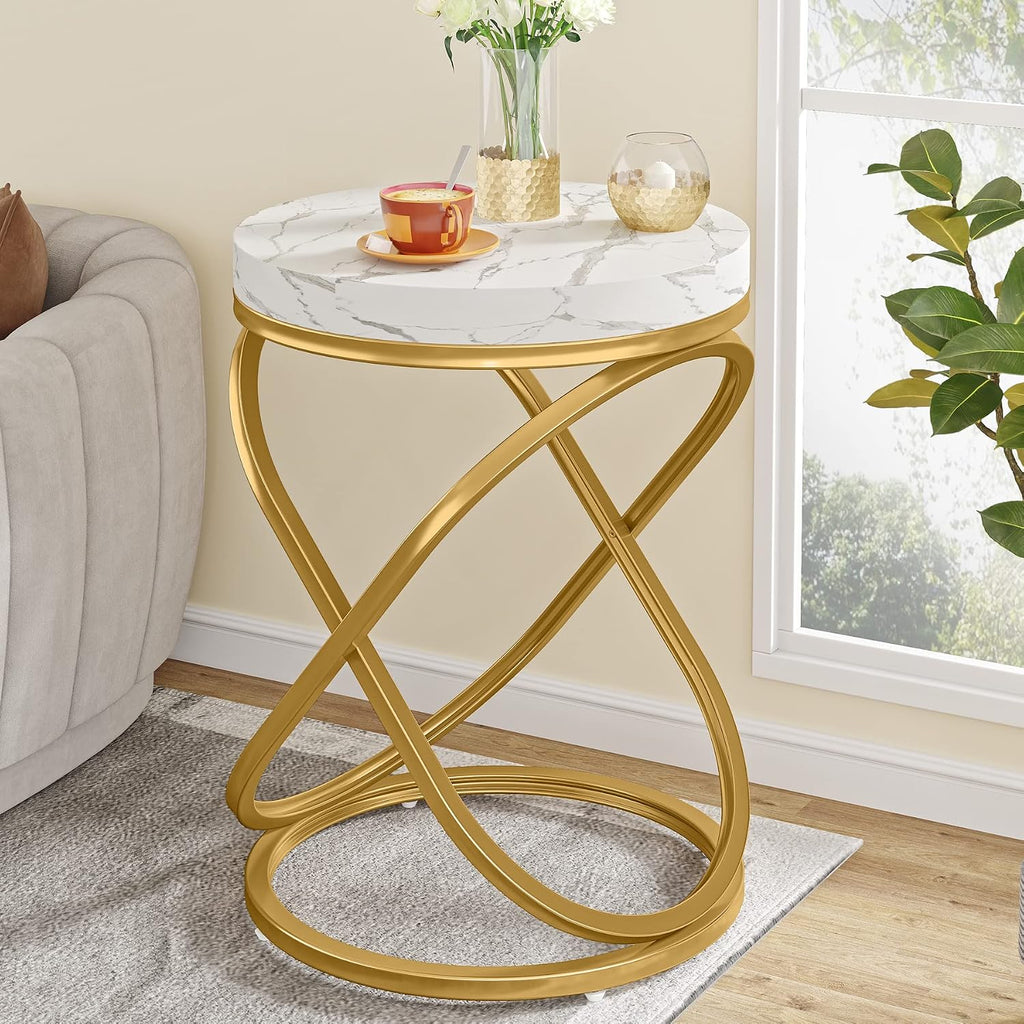 Tribesigns End Tables Living Room Set of 2, 26 Inches White and Gold Faux Marble Top Nightstands Sofa Side Table with Double X-Shaped Ring Unique Design for Bedroom